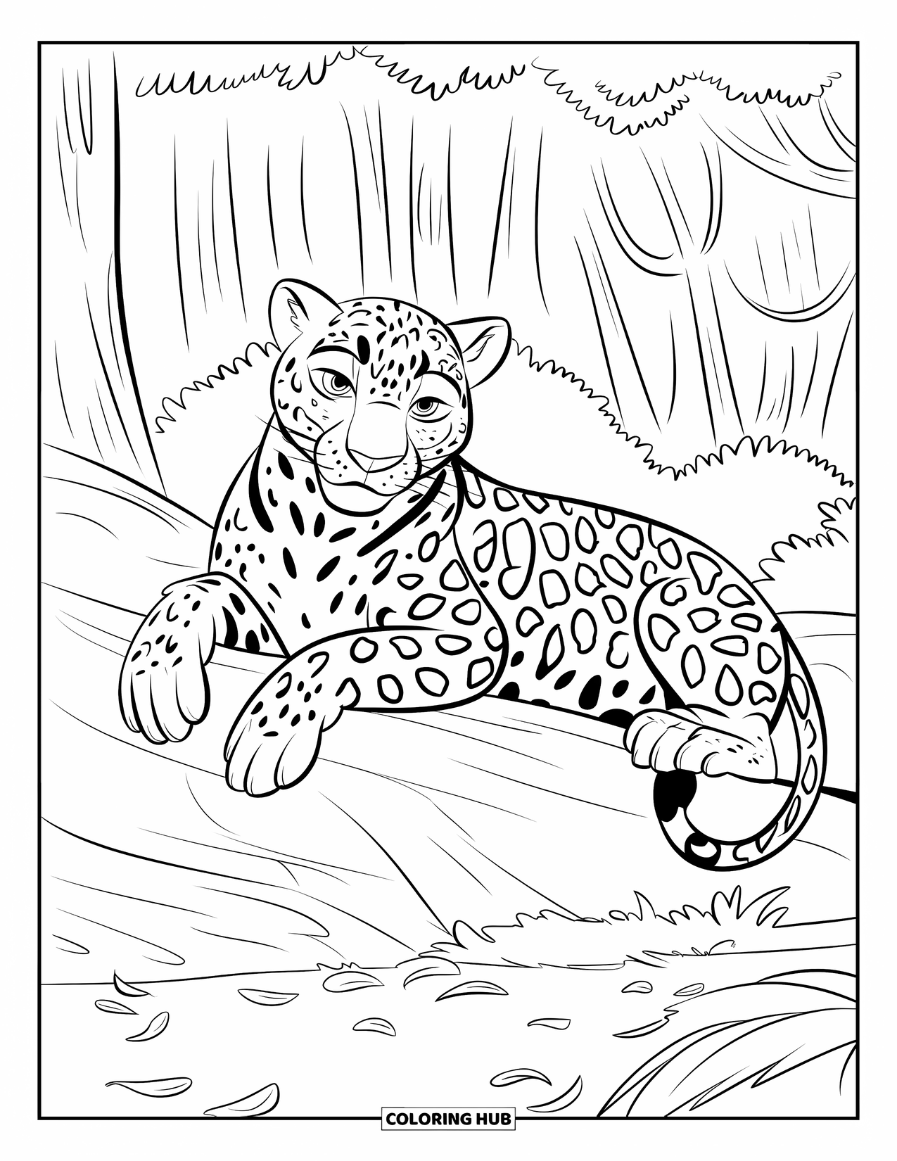 Jaguar Ausmalbild für Kinder: Ein Jaguar ruht ruhig auf einem mit Blättern bedeckten Felsen in einem Wald