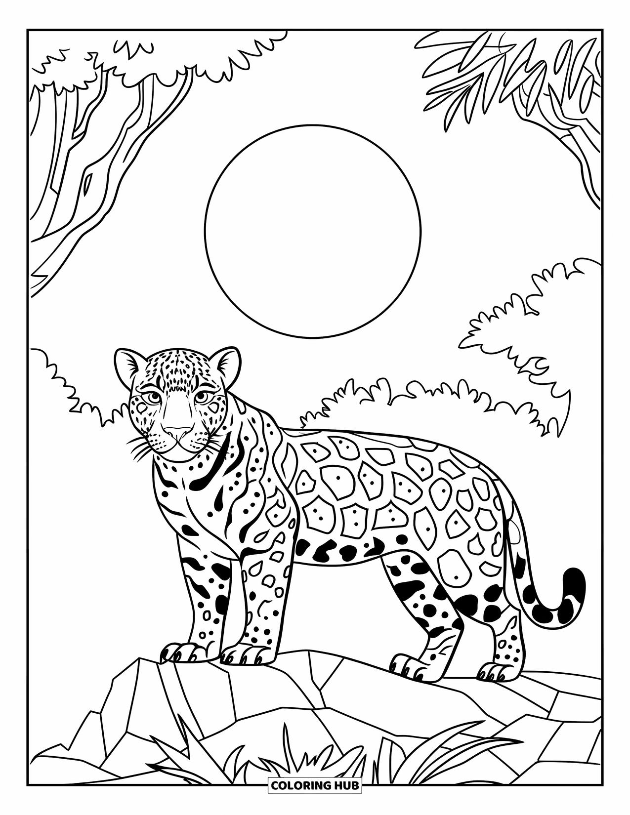 Jaguar Ausmalbild für Kinder: Eine Jaguar-Silhouette steht hoch auf einem Felsen vor dem Vollmond