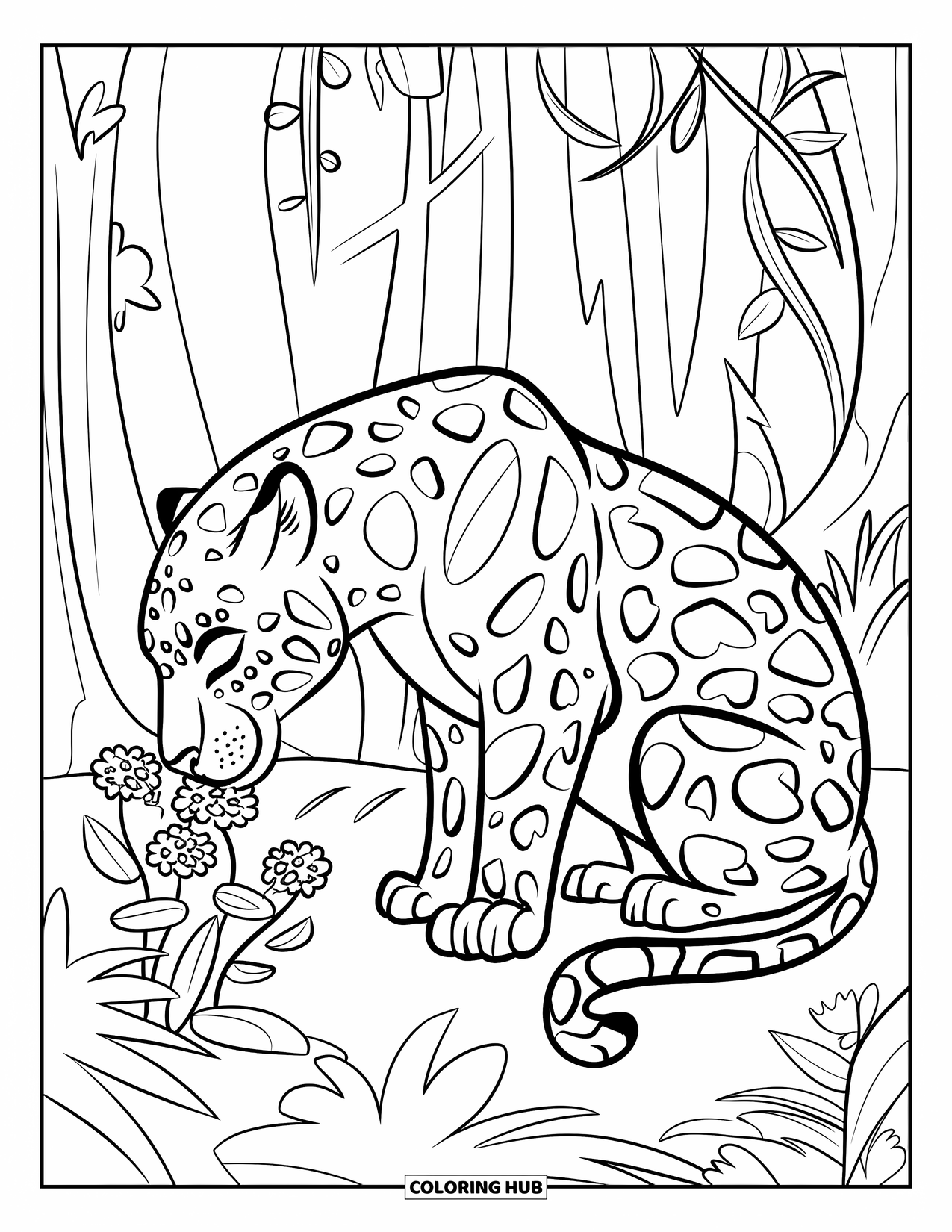 Jaguar Ausmalbild für Kinder: Ein Jaguar sitzt friedlich mit der Nase an Blumen auf einem Dschungelpfad