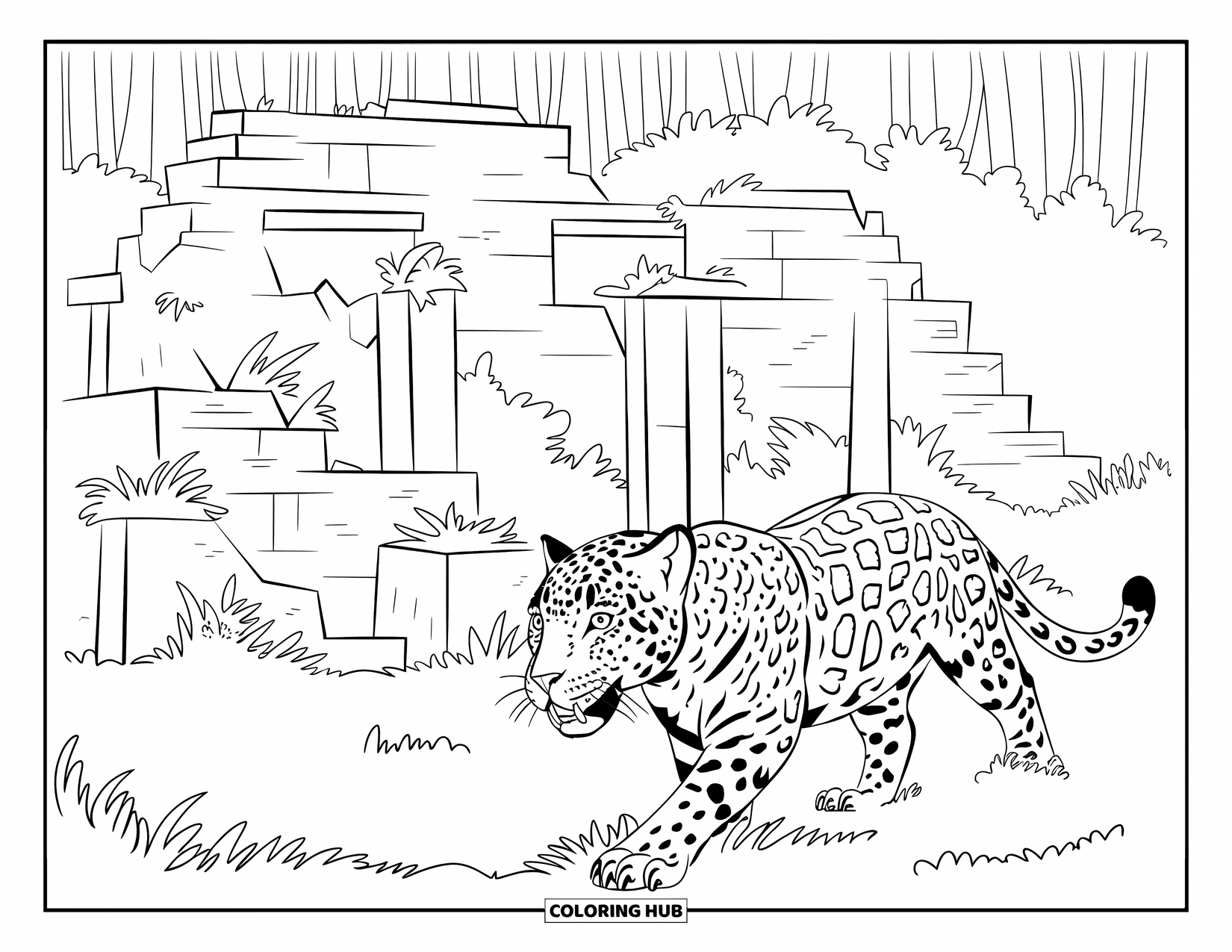 Jaguar Ausmalbild für Kinder: Ein Jaguar schleicht an überwucherten Ruinen in einer tiefen Dschungelumgebung vorbei