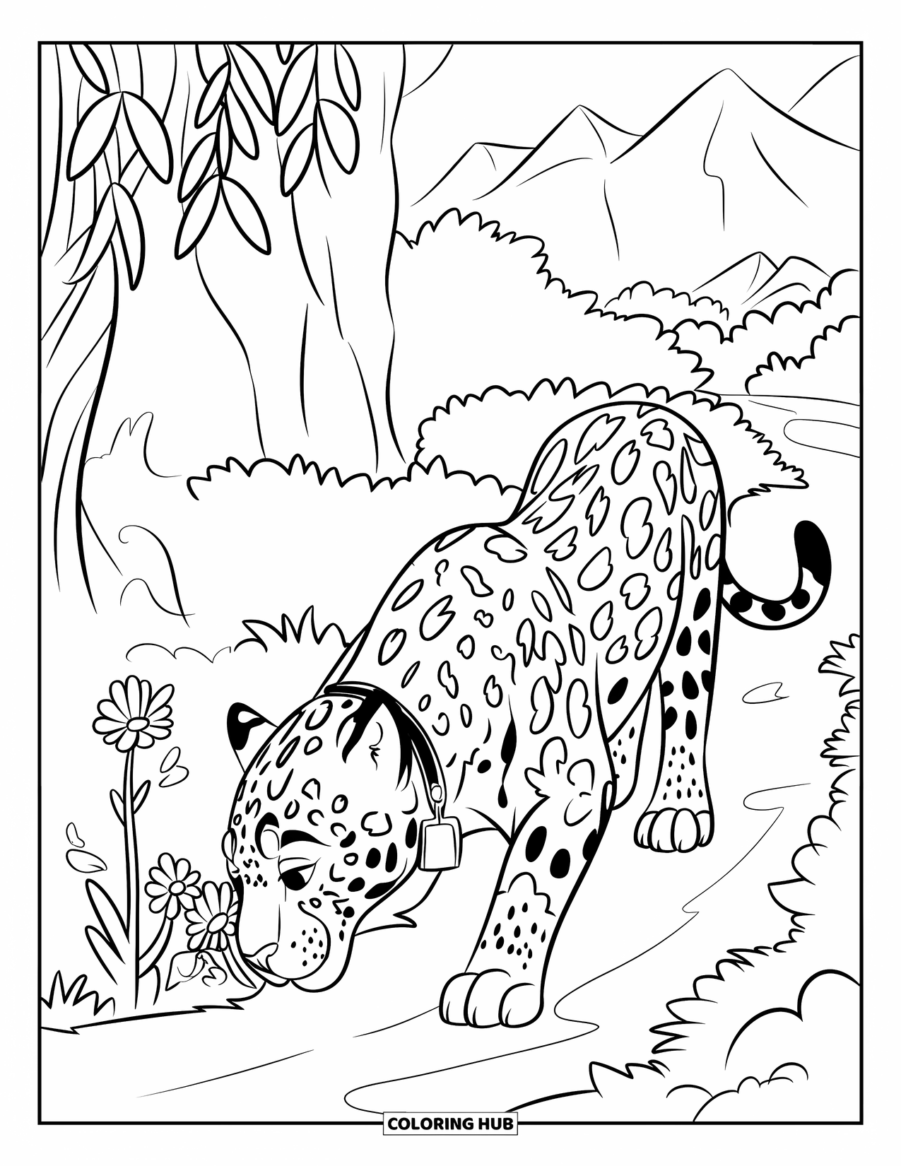 Jaguar Ausmalbild für Kinder: Ein Jaguar schnuppert an Dschungelblumen entlang eines ruhigen, versteckten Pfades