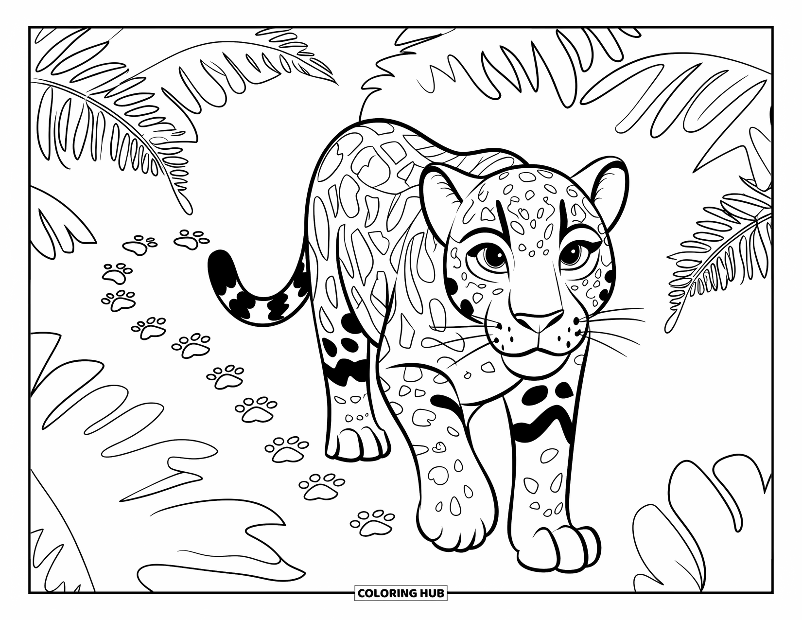Jaguar Ausmalbild für Kinder: Ein Jaguar schlendert durch Farne und hinterlässt Pfotenabdrücke