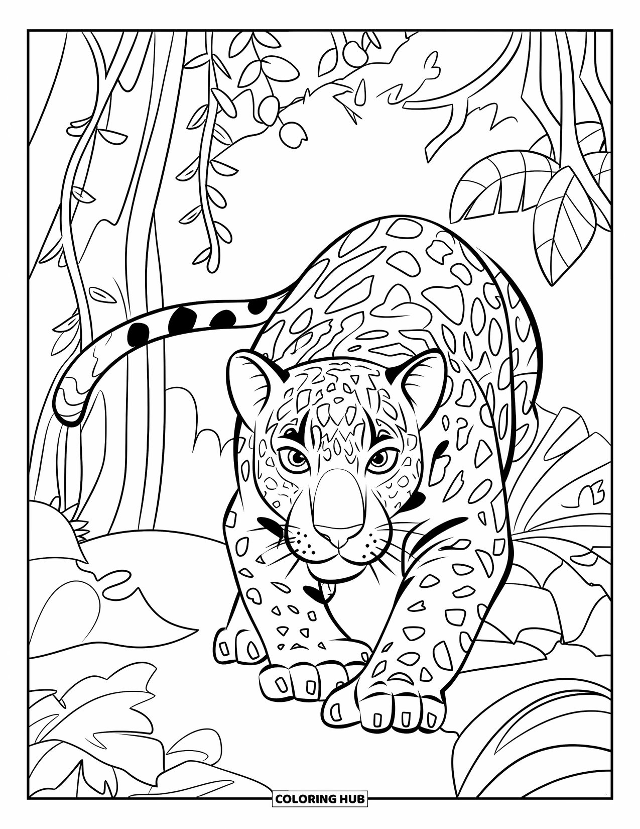 Jaguar Ausmalbild für Kinder: Ein Jaguar wartet in hohen Dschungelpflanzen, bereit zum Sprung