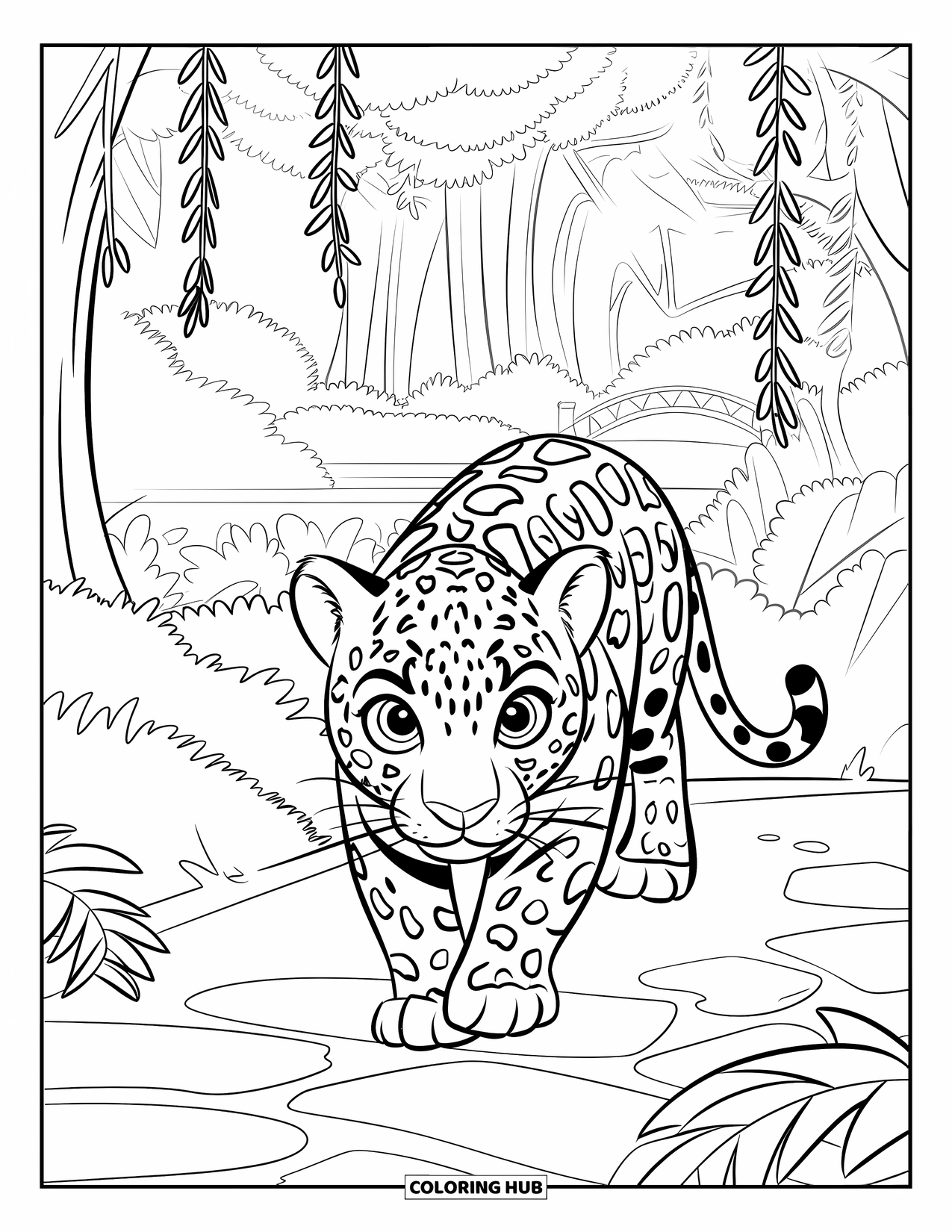 Jaguar Ausmalbild für Kinder: Ein Jaguar geht einen Dschungelpfad hinunter in Richtung einer Brücke unter hohen Bäumen und Lianen