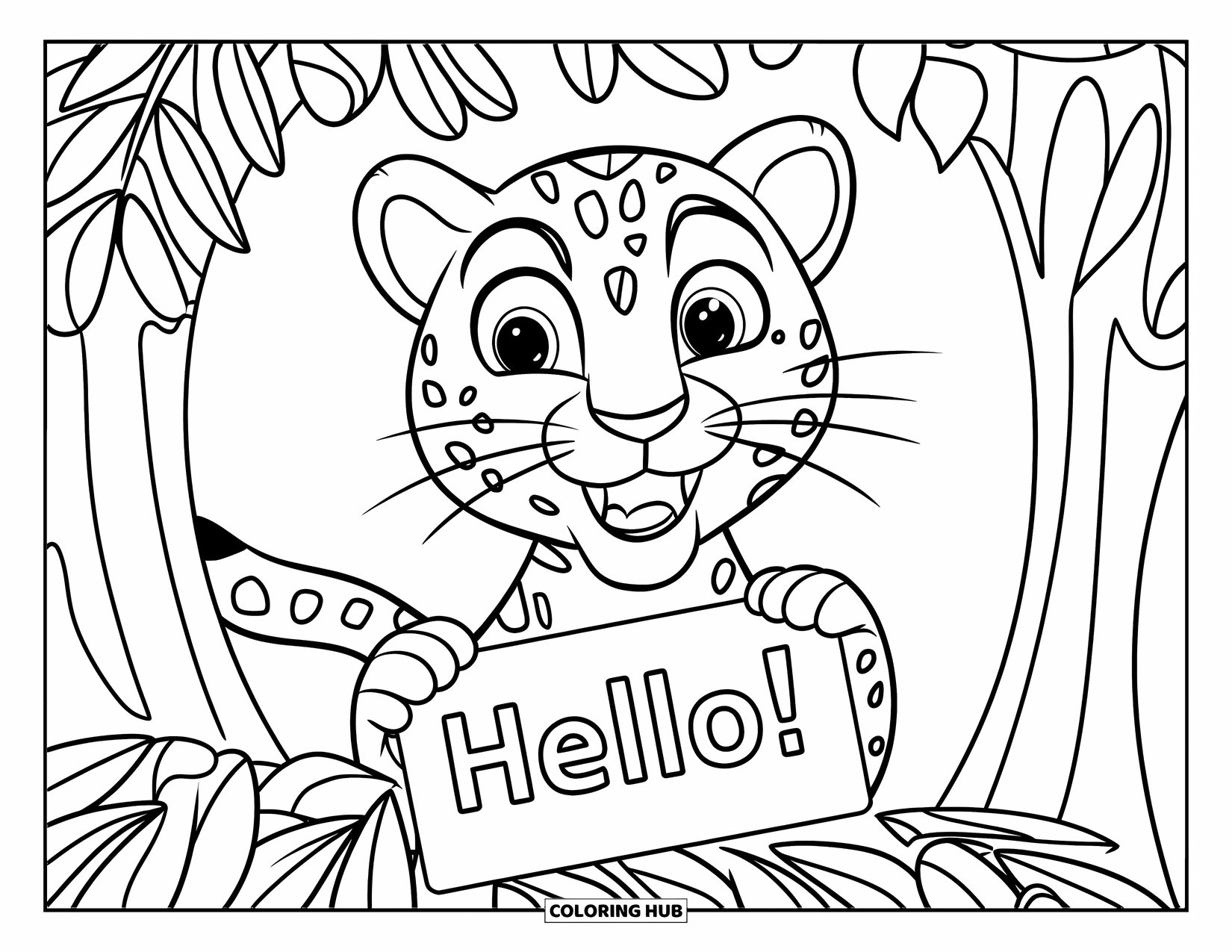 Jaguar Ausmalbild für Kinder: Ein Jaguar winkt fröhlich aus einem Busch und hält ein Schild mit der Aufschrift „Hallo!“