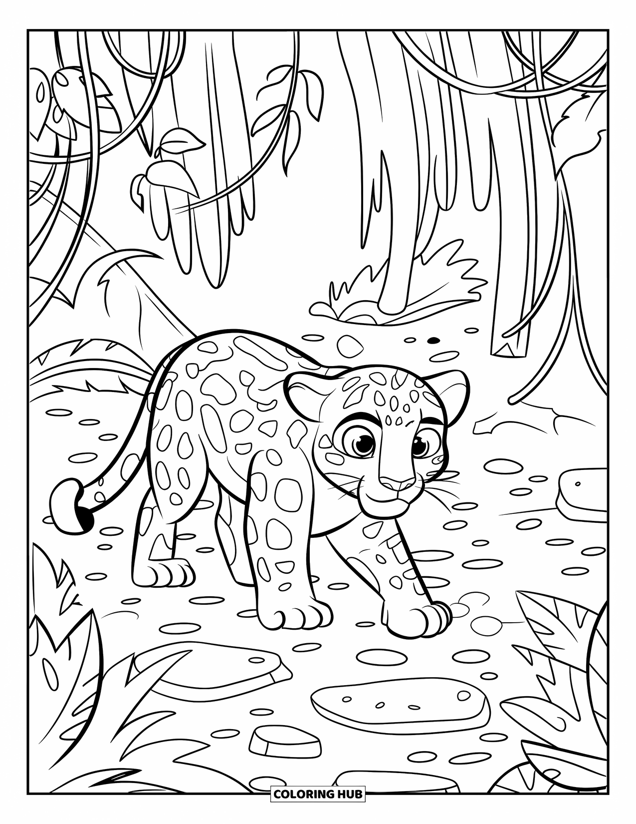 Jaguar Ausmalbild für Kinder: Ein Jaguar mit neugierigem Blick geht auf einem steinernen Dschungelpfad unter hohen, belaubten Bäumen