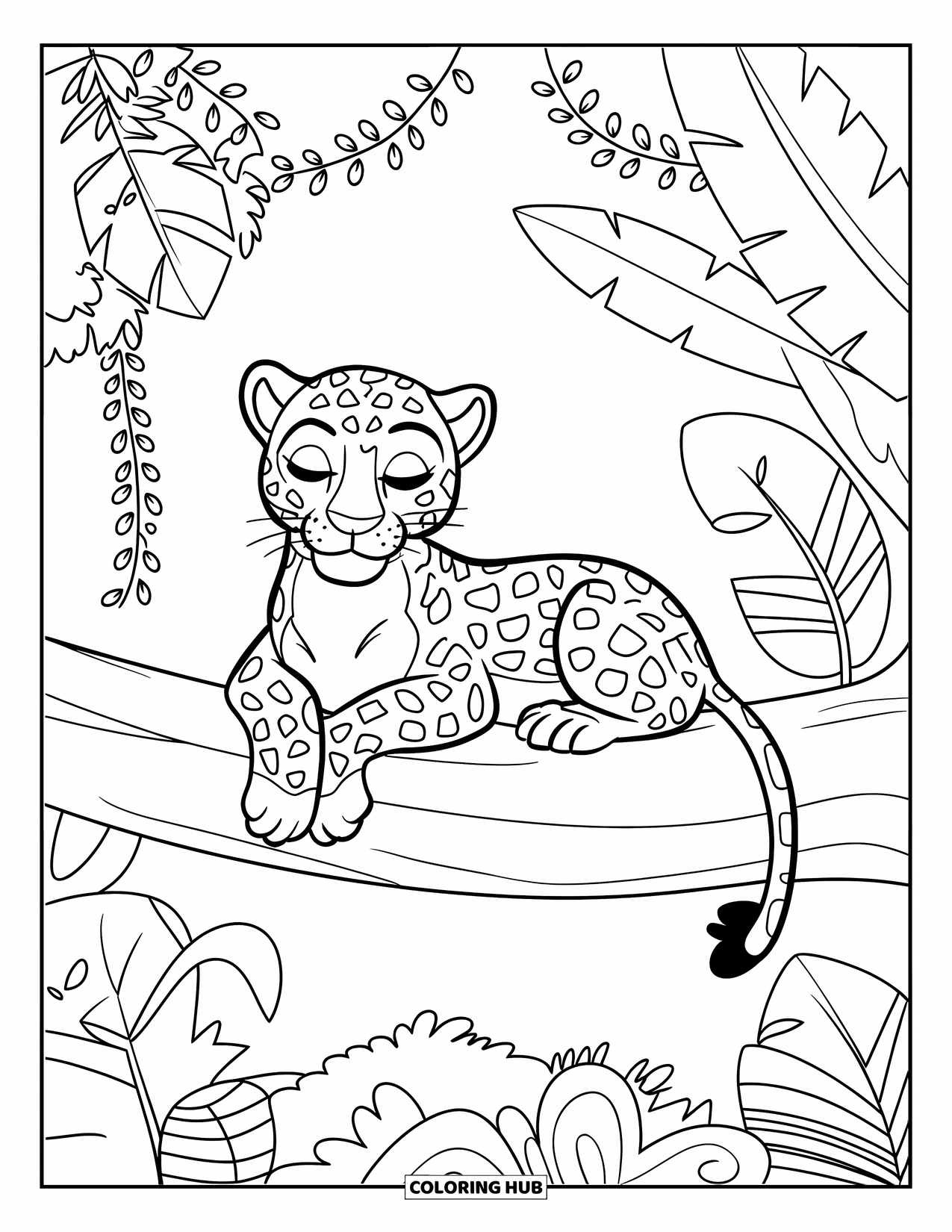 Jaguar Ausmalbild für Kinder: Ein Jaguar mit friedlichem Ausdruck sitzt auf einem großen Ast, umgeben von dichten Dschungelblättern
