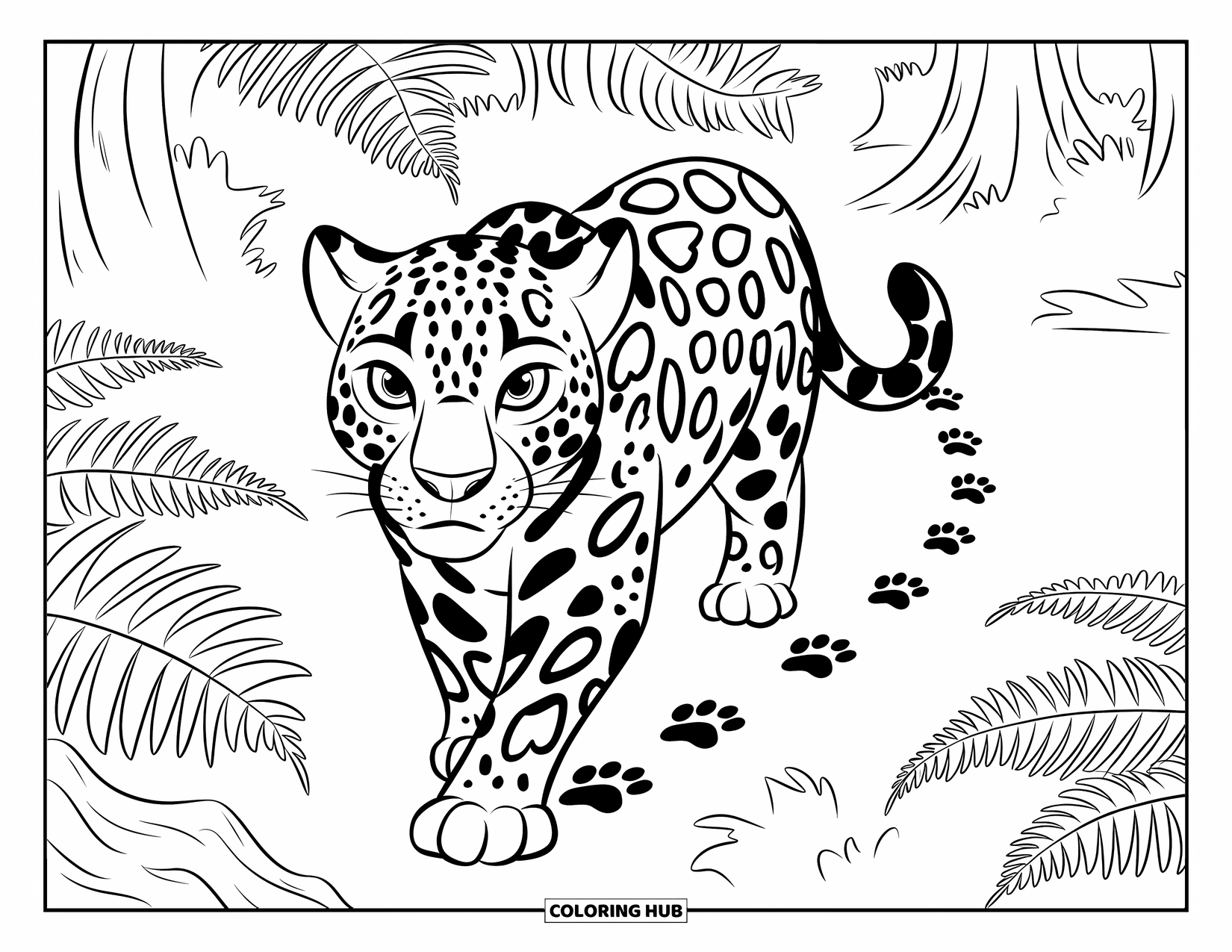 Jaguar Ausmalbild für Kinder: Ein Jaguar mit großen Augen geht durch Farne und Fußabdrücke