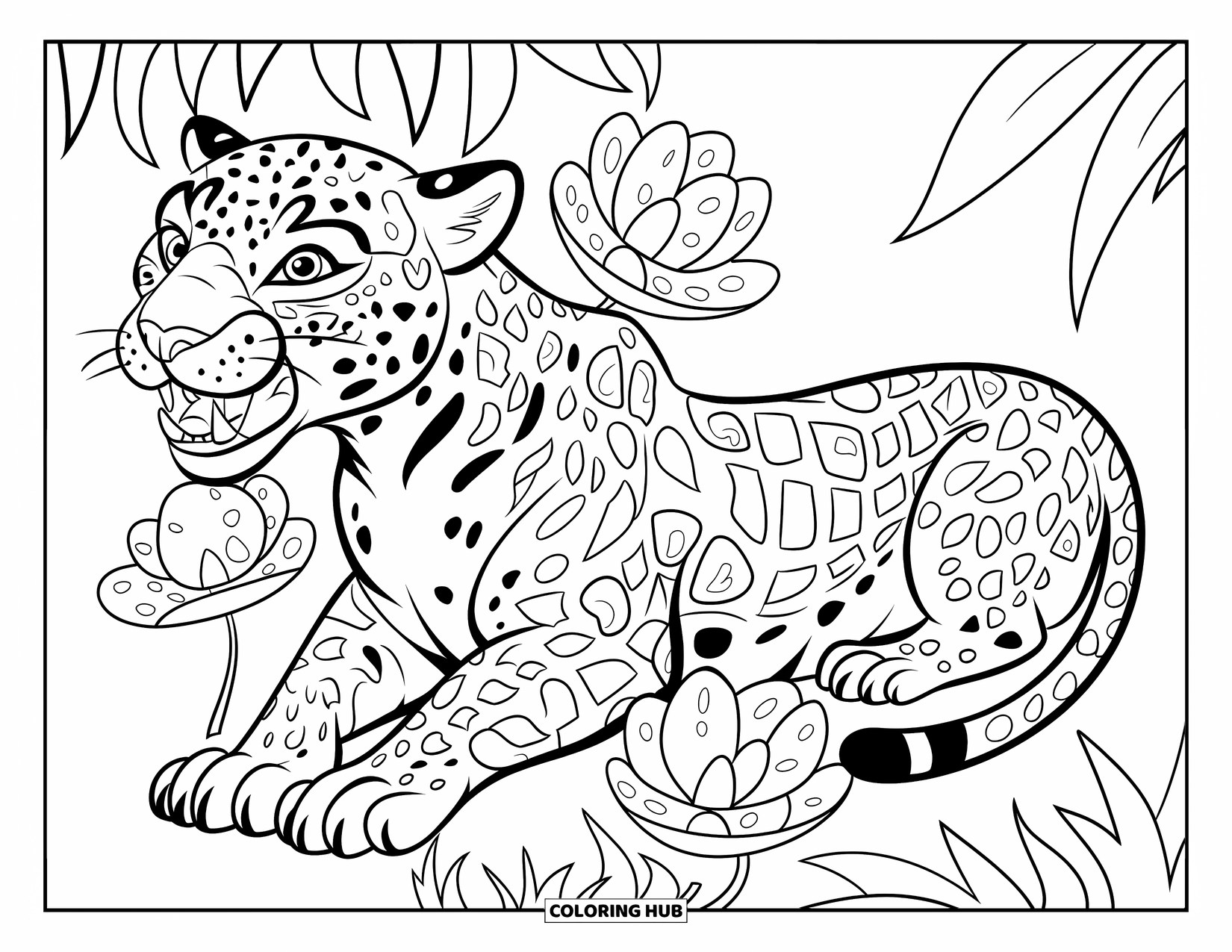 Jaguar Ausmalbild für Kinder: Ein Jaguar mit scharfen Zähnen streckt sich in der Nähe von Dschungelblumen mit kräftigen Blütenblattformen