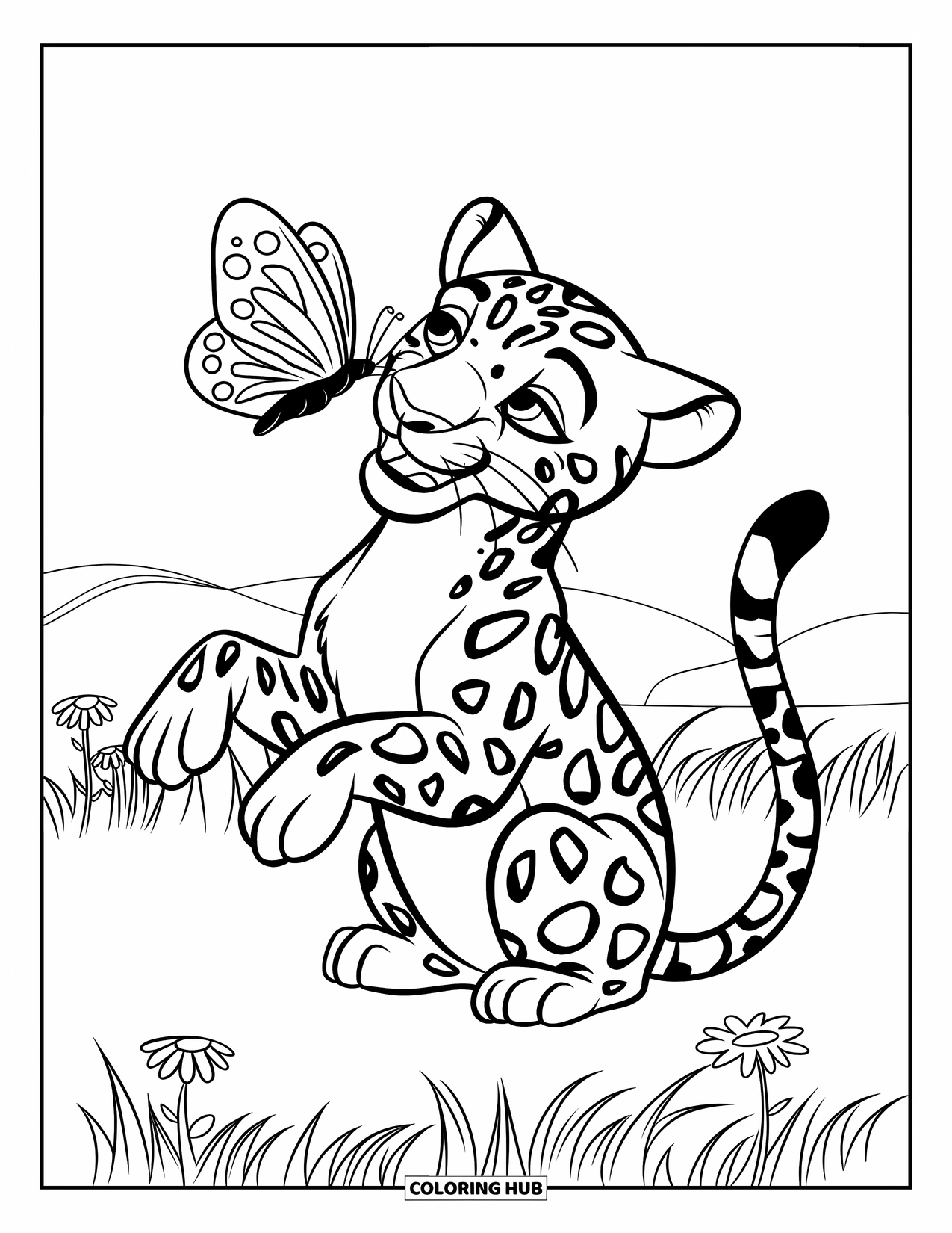 Jaguar Ausmalbild für Kinder: Ein verspielter Jaguar sitzt mit einem Schmetterling auf der Nase in einem Grasfeld mit Gänseblümchen