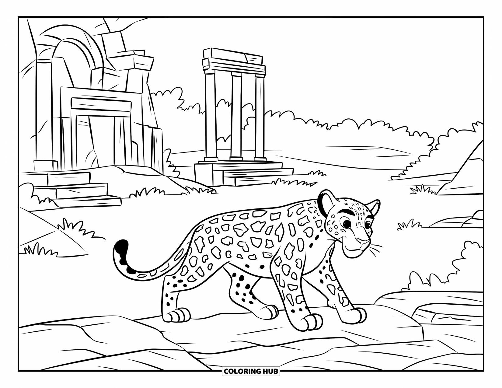Jaguar Ausmalbild für Kinder: Ein schlanker Jaguar steht auf Felsen in der Nähe von zerbröckelnden Bögen in einem wilden Dschungel