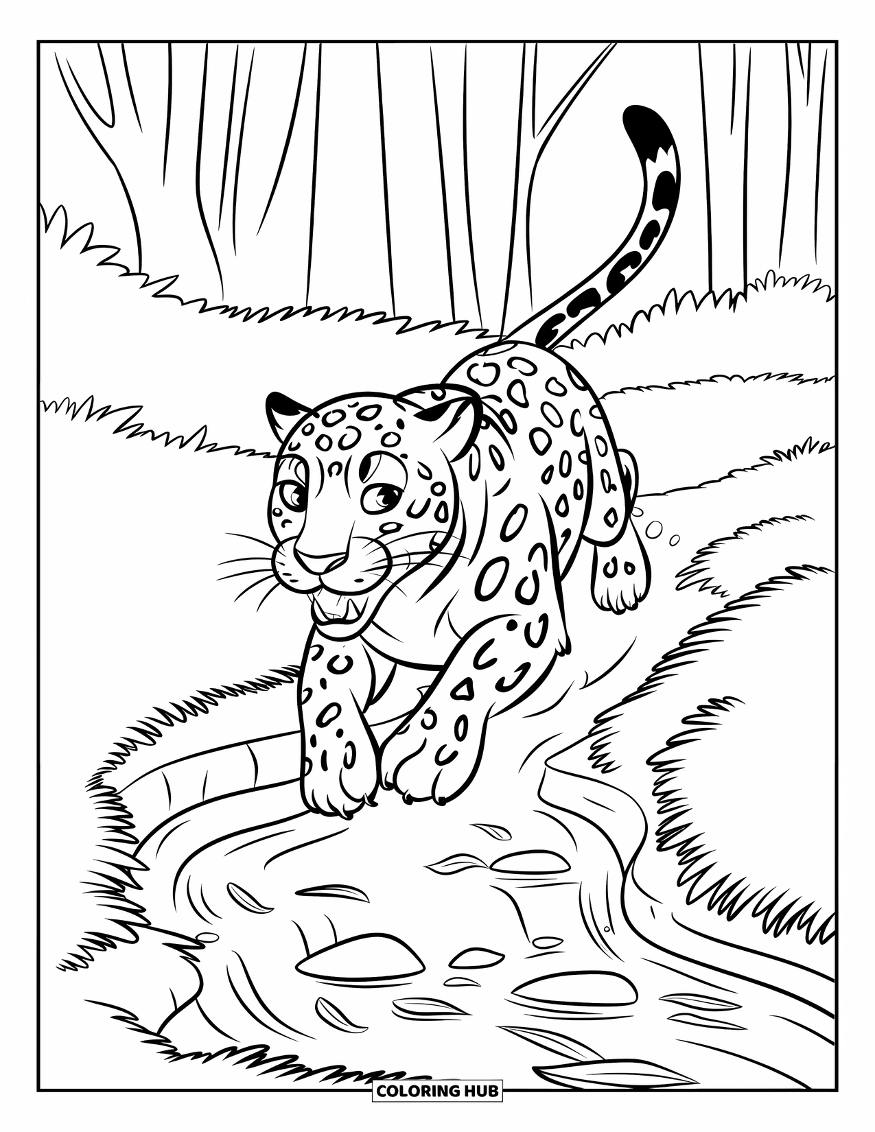 Jaguar Ausmalbild für Kinder: Ein schlanker Jaguar mit offenem Maul springt über einen schmalen Bach, der mit Felsen und Blättern gesäumt ist