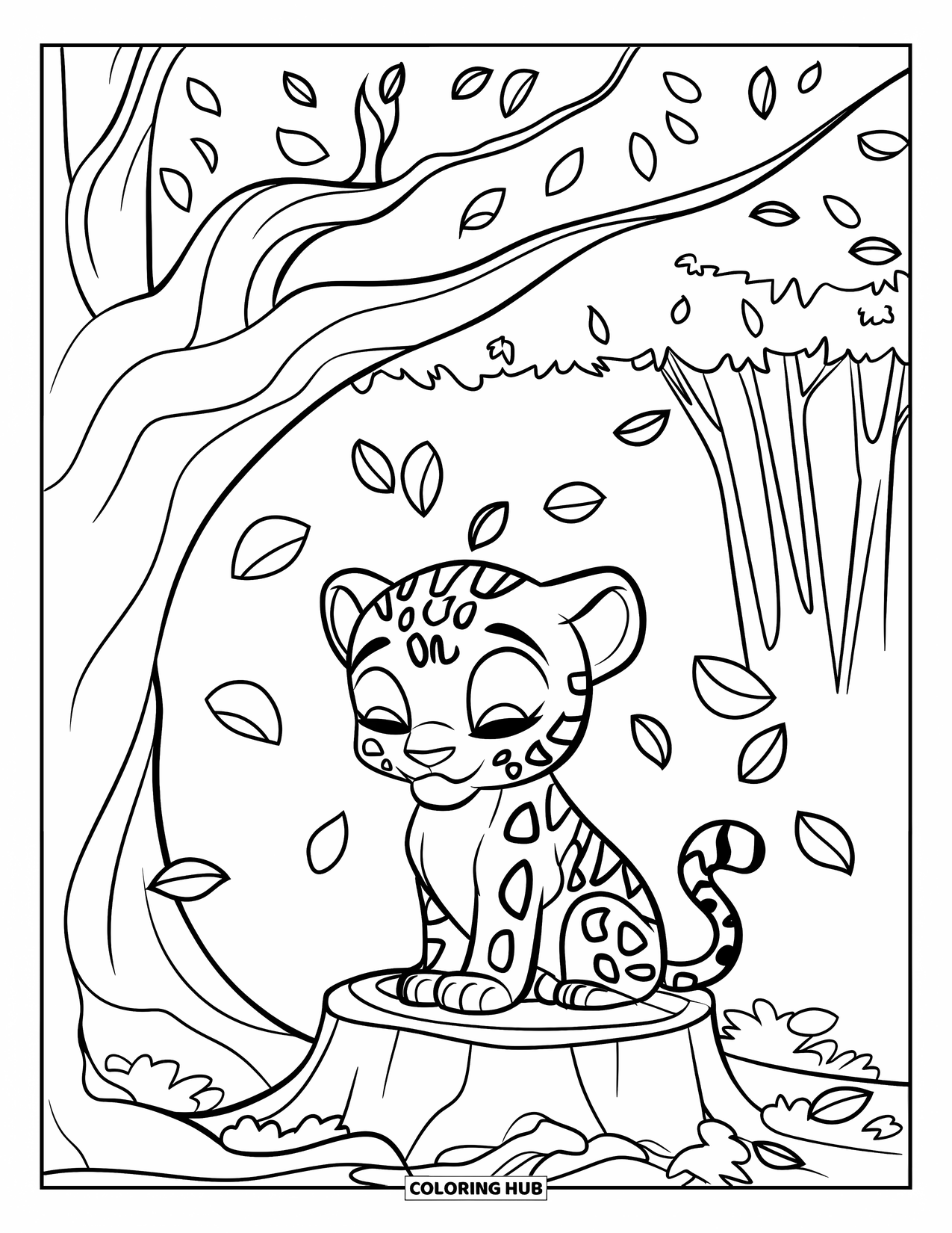 Jaguar Ausmalbild für Kinder: Ein verschlafener Jaguarwelpe sitzt auf einem Baumstumpf unter einem großen Baum mit fallenden Blättern