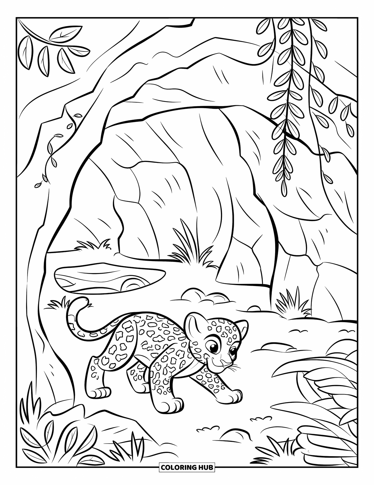 Jaguar Ausmalbild für Kinder: Ein kleiner Jaguarwelpe späht um einen Höhleneingang mit Farnen und Baumstämmen