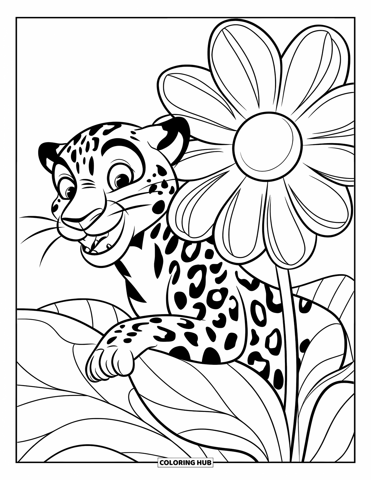 Jaguar Ausmalbild für Kinder: Ein lächelnder Jaguar mit leuchtenden Augen späht hinter einer gestreiften Blume in einer einfachen Szene hervor