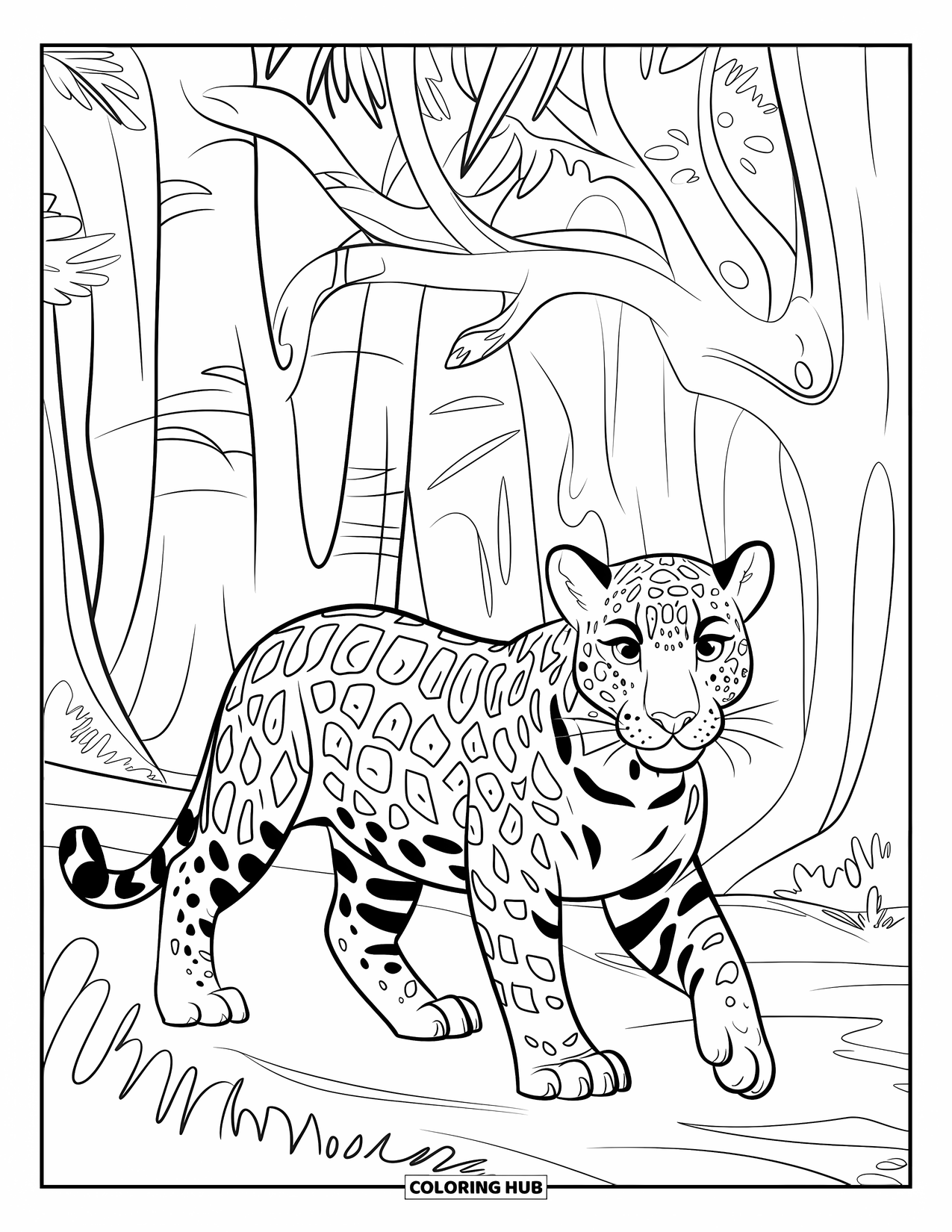 Jaguar Ausmalbild für Kinder: Ein gestreifter Jaguar stolziert durch einen dichten Wald mit verzweigten Bäumen