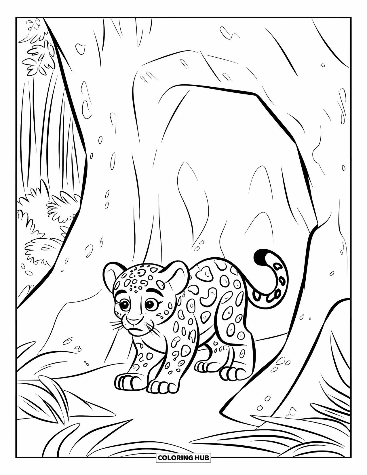 Jaguar Ausmalbild für Kinder: Ein Junges mit großen Augen tritt vorsichtig aus einer belaubten Dschungelhöhle