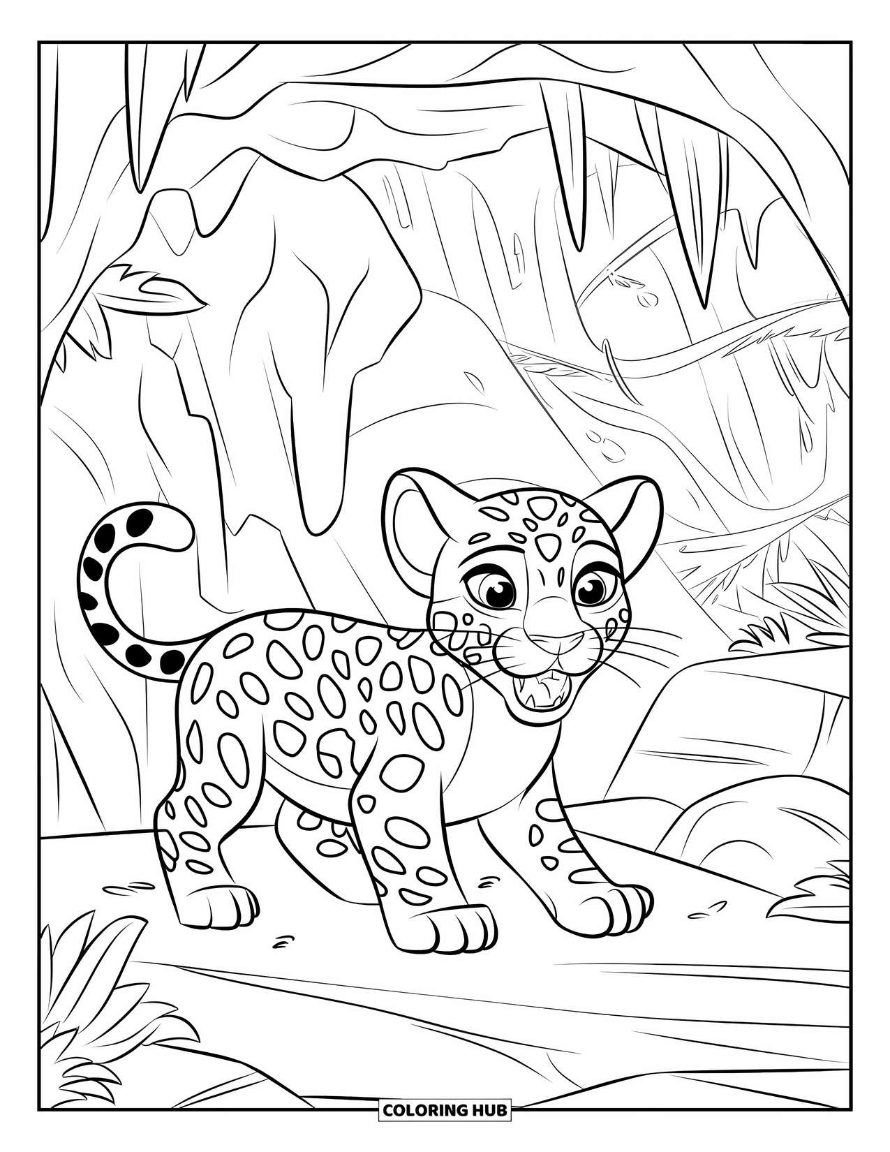Jaguar Ausmalbild für Kinder: Ein junger Jaguar steht in einer Höhle mit Lianen und Felswänden