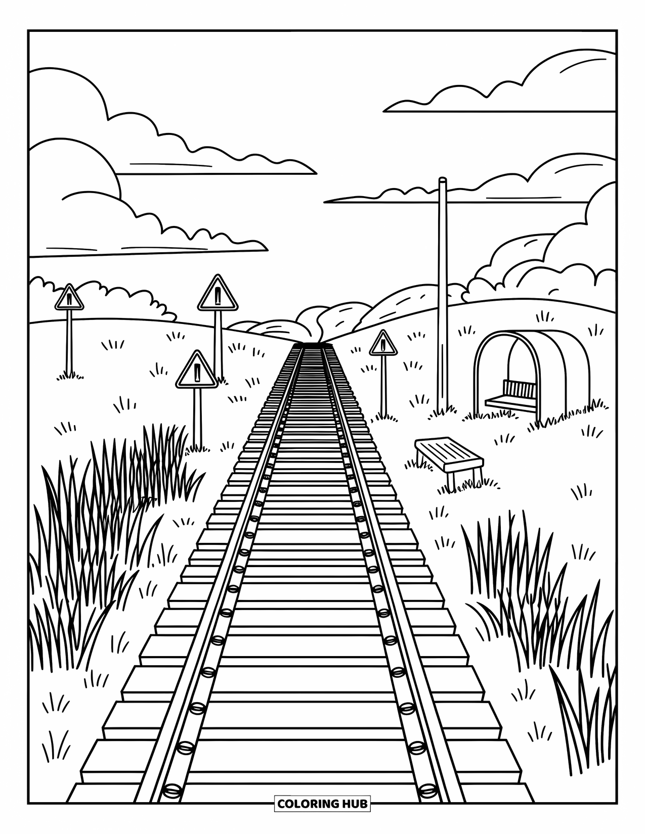 Landscape Coloring Page for Adults: A bench and quiet station rest near a railway crossing