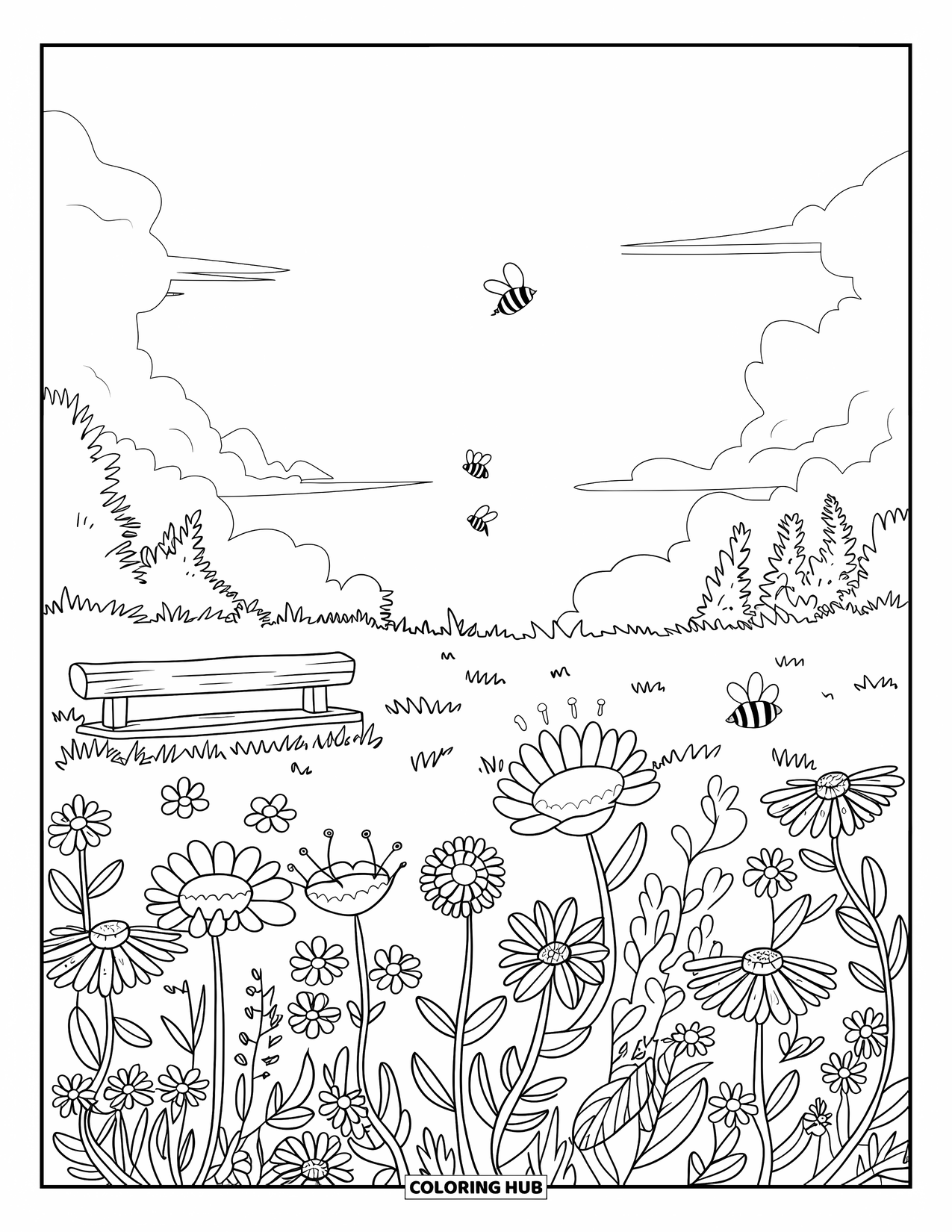 Landscape Coloring Page for Adults: A blooming meadow with bees and a rustic bench welcomes calm