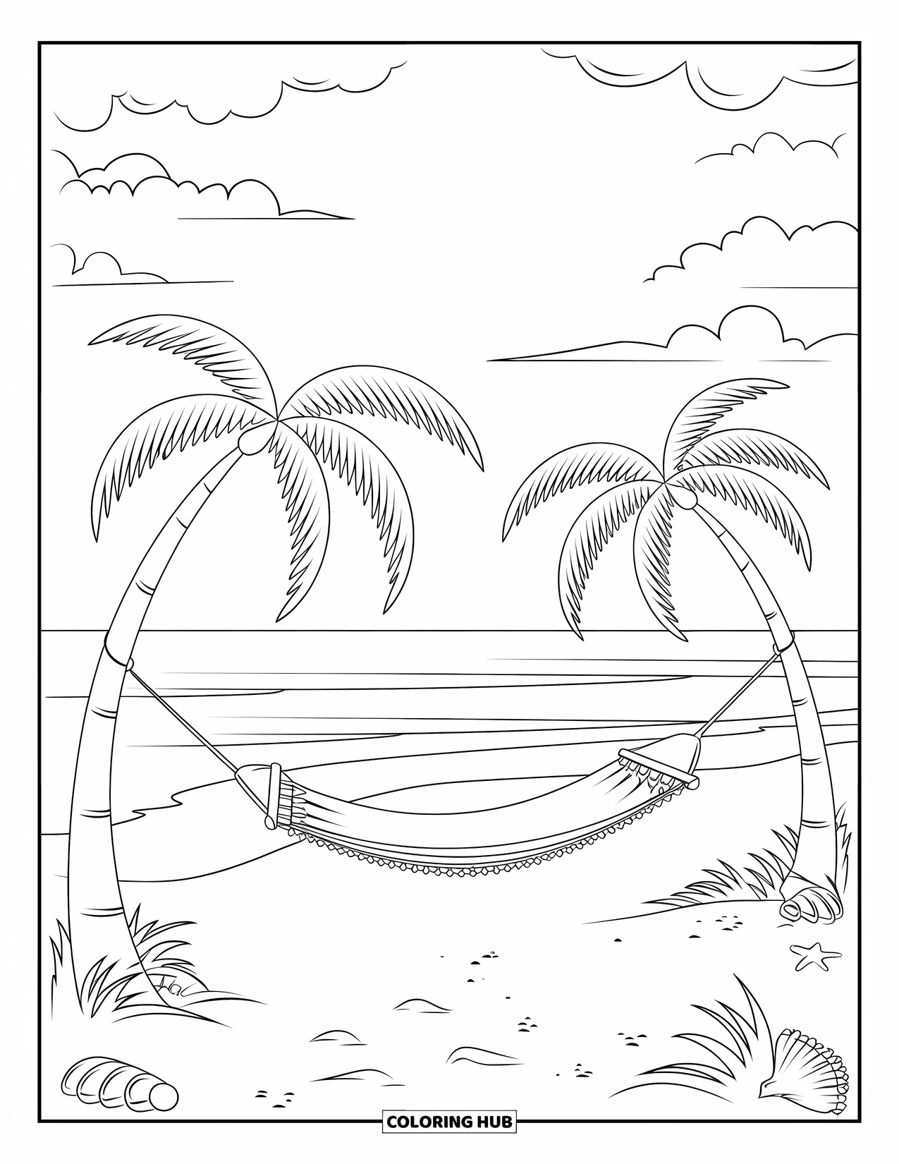 Landscape Coloring Page for Adults: A breezy hammock hangs between palms beside a gentle sea