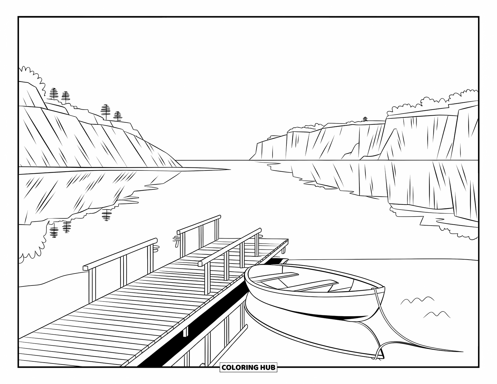 Landscape Coloring Page for Adults: A calm bay holds a dock and boat, with cliffs in the distance