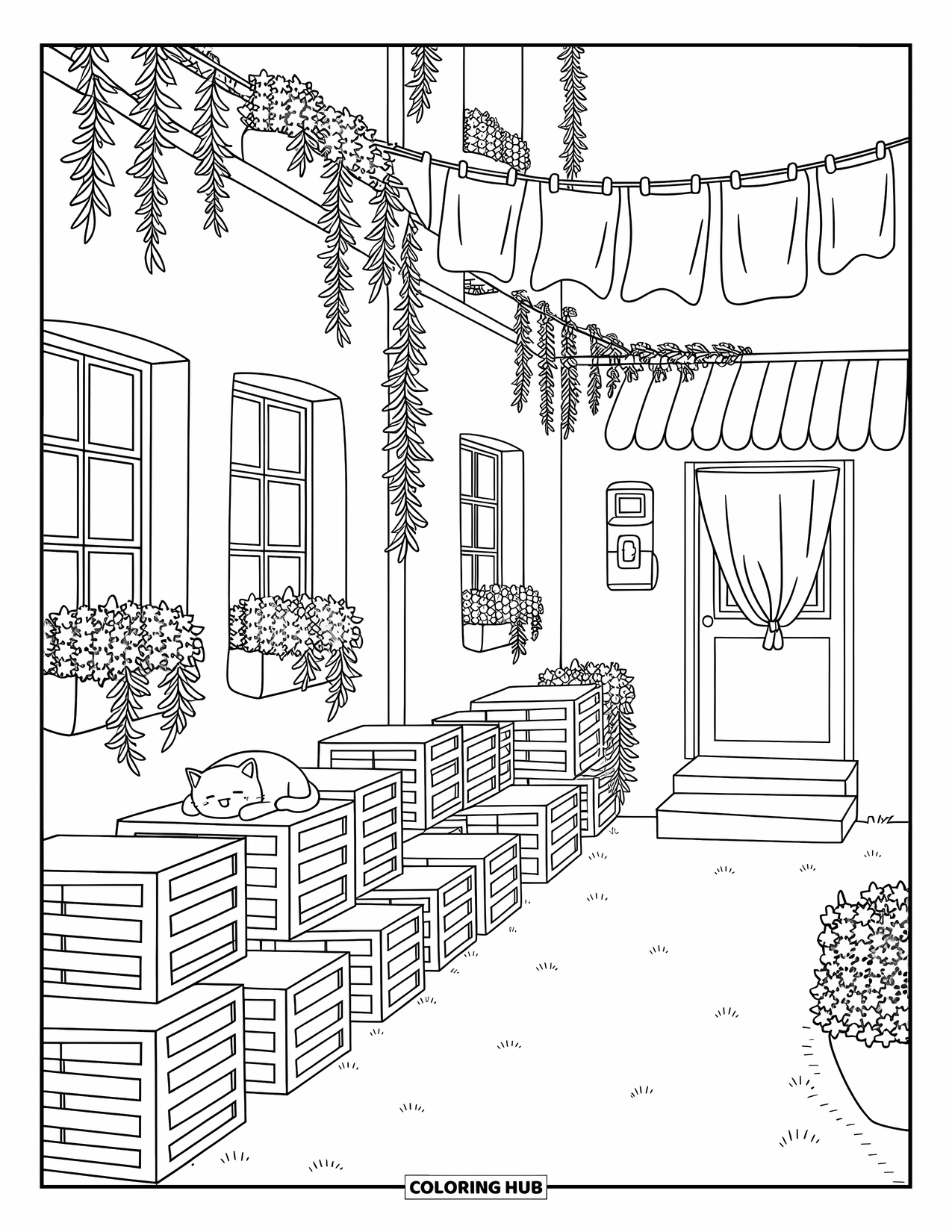 Landscape Coloring Page for Adults: A cat naps in a charming alley filled with pots and laundry