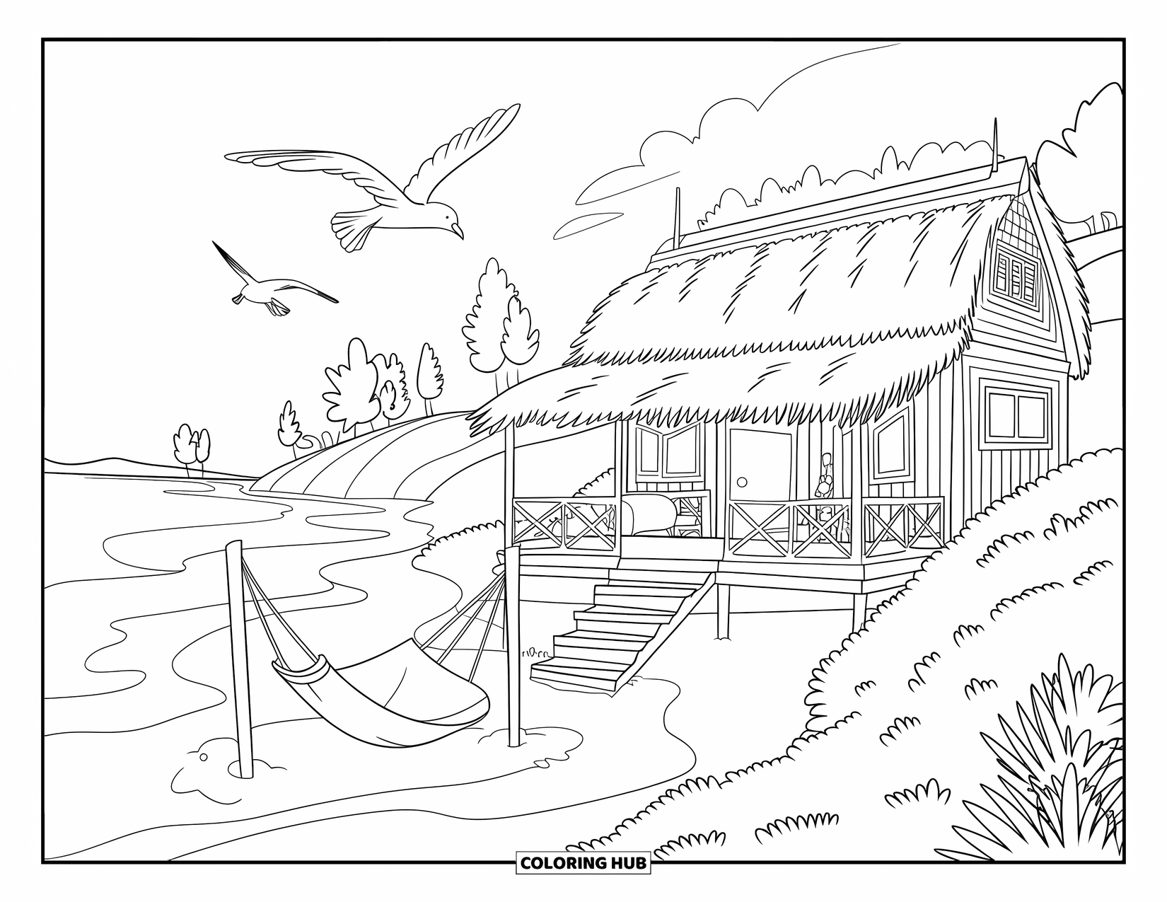 Landscape Coloring Page for Adults: A cozy beach cabin sits by the water with a hammock and seagulls