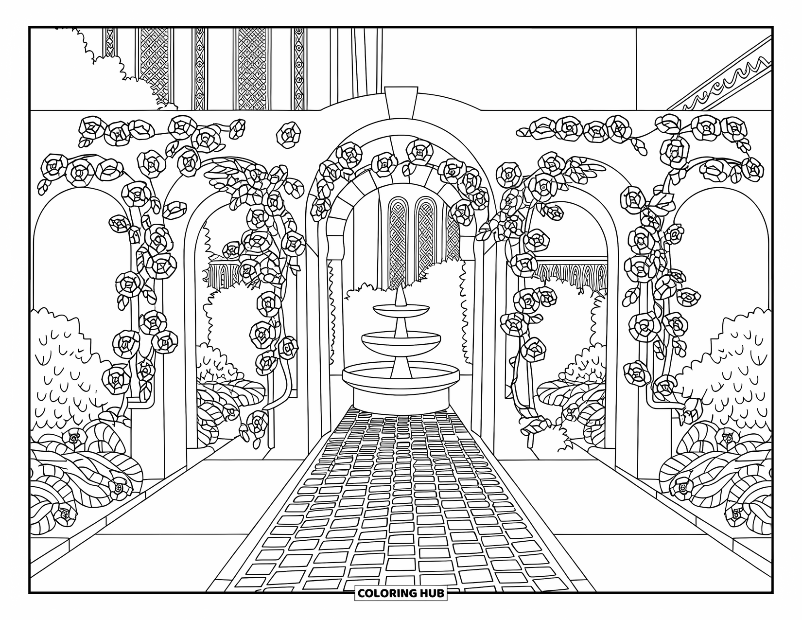 Landscape Coloring Page for Adults: A cozy courtyard with rose arches and a fountain invites a quiet stroll