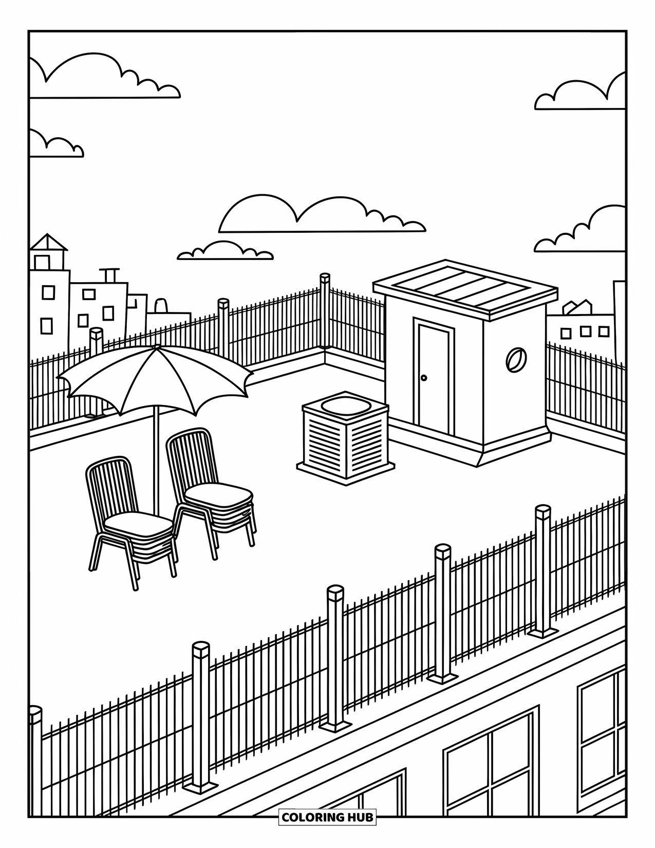 Landscape Coloring Page for Adults: A cozy rooftop scene overlooks buildings under fluffy clouds
