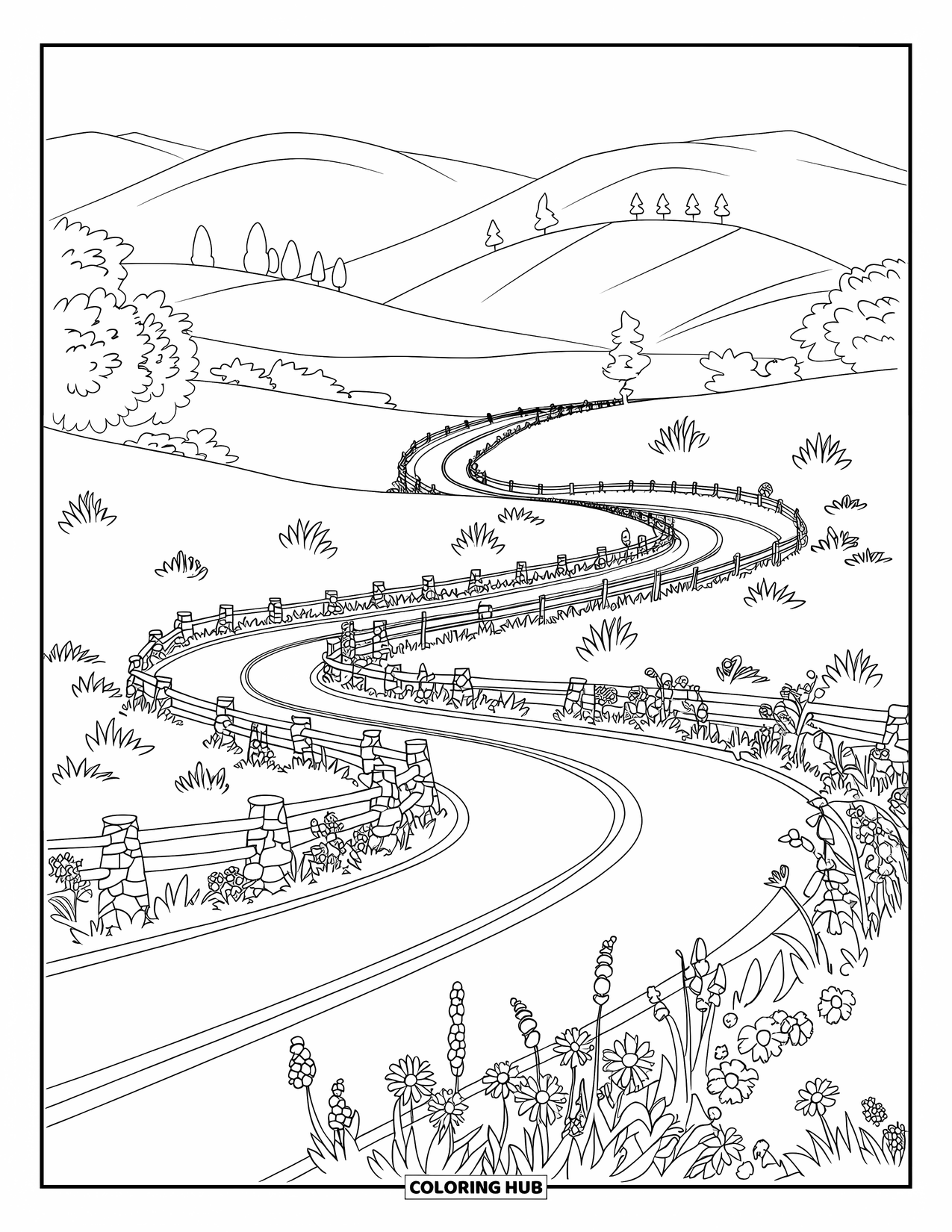 Landscape Coloring Page for Adults: A curved road leads past wildflowers and hills into the quiet