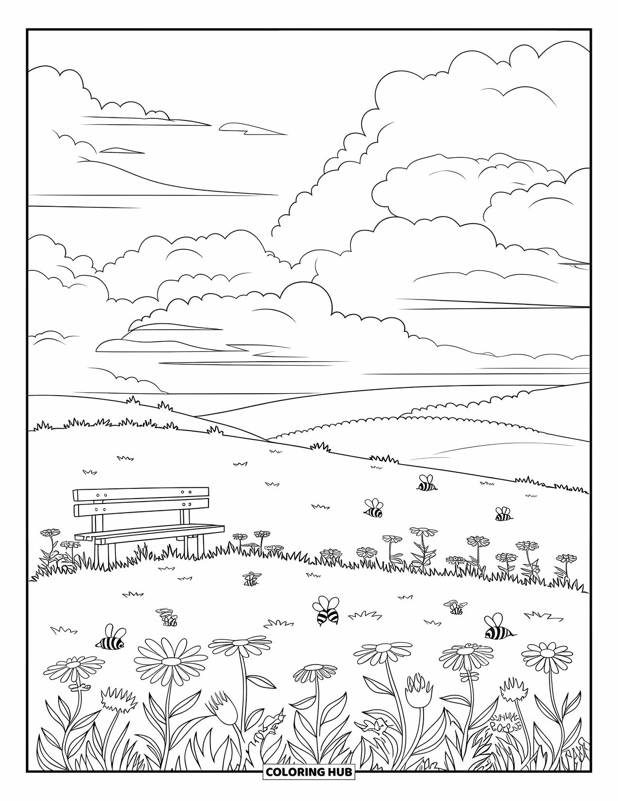 Landscape Coloring Page for Adults: A flower-filled meadow blooms under bees and soft, cloudy skies
