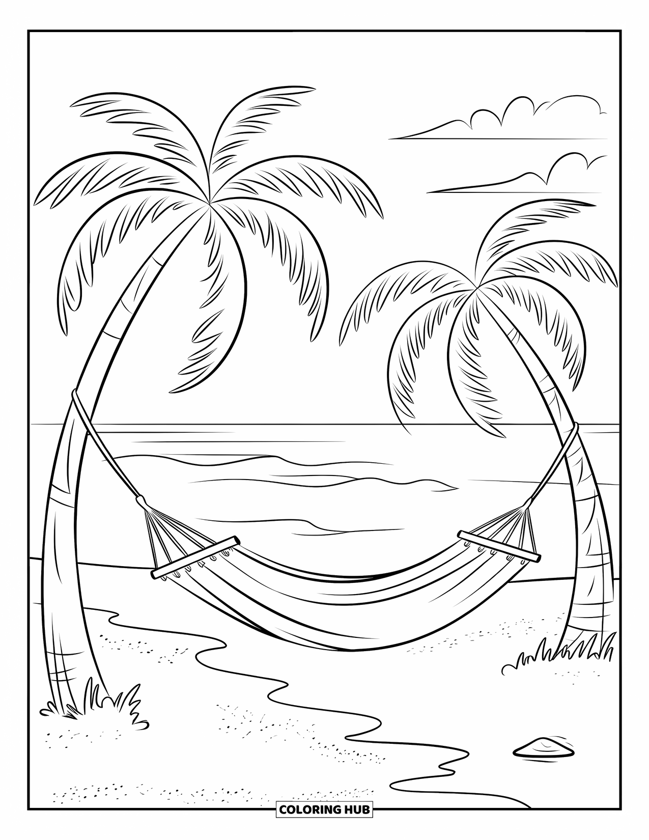 Landscape Coloring Page for Adults: A hammock sways between palm trees on a quiet private beach