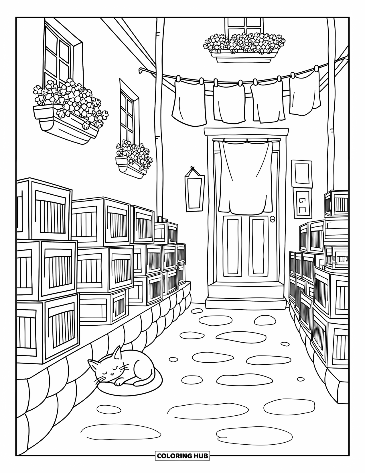Landscape Coloring Page for Adults: A narrow alley is filled with crates, flower pots, and a napping cat