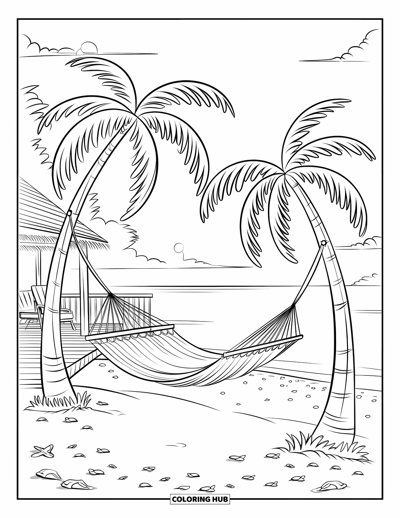 Landscape Coloring Page for Adults: A quiet beach hammock rests under palm trees near smooth sand
