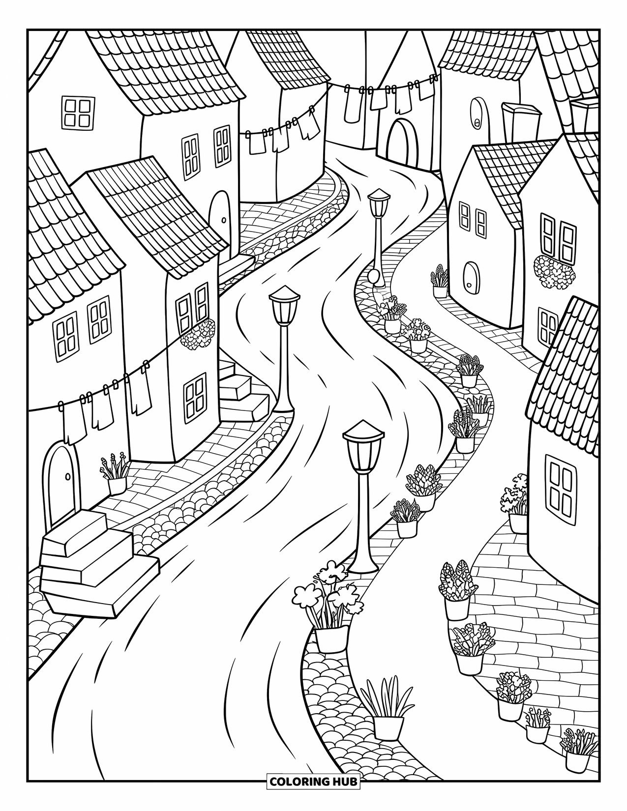 Landscape Coloring Page for Adults: A quiet riverbank path follows old homes and playful bridges