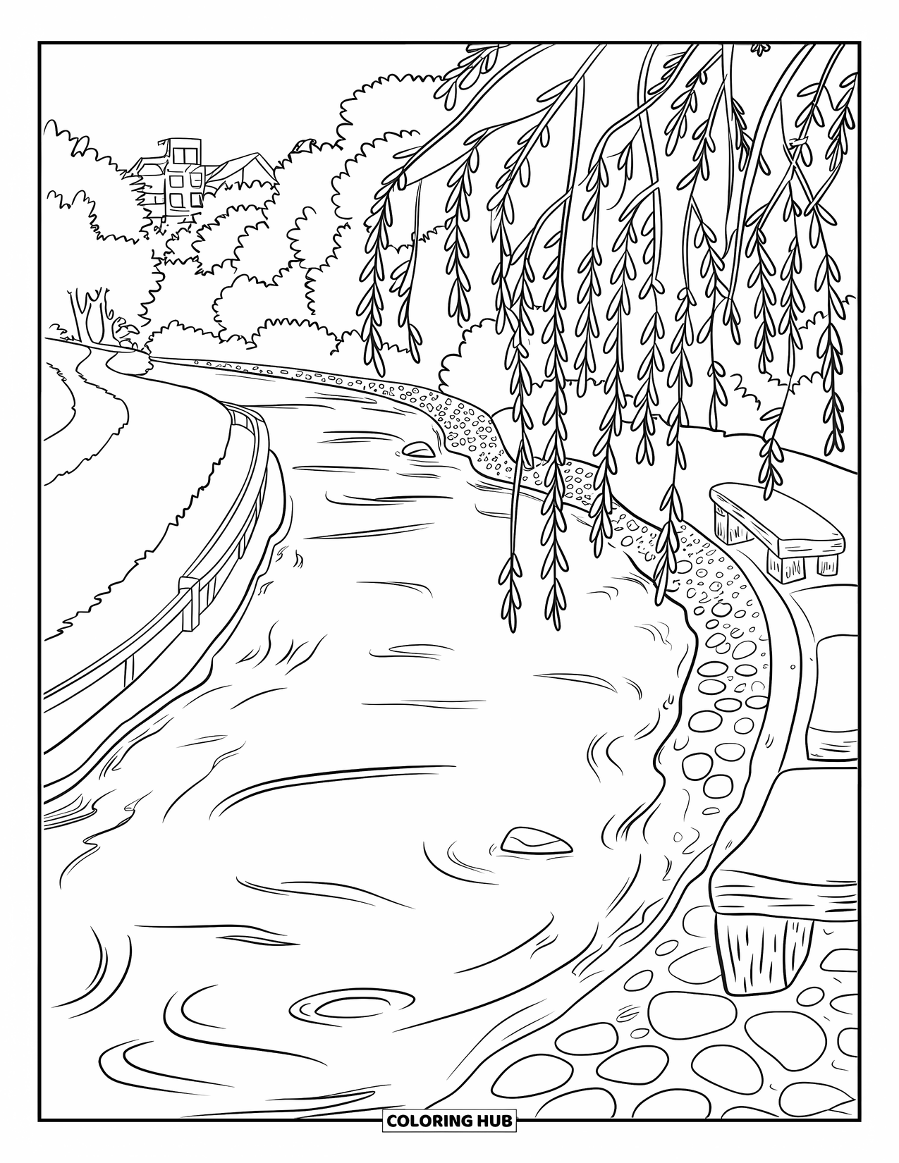 Landscape Coloring Page for Adults: A quiet riverbank with willows and stones invites peaceful reflection