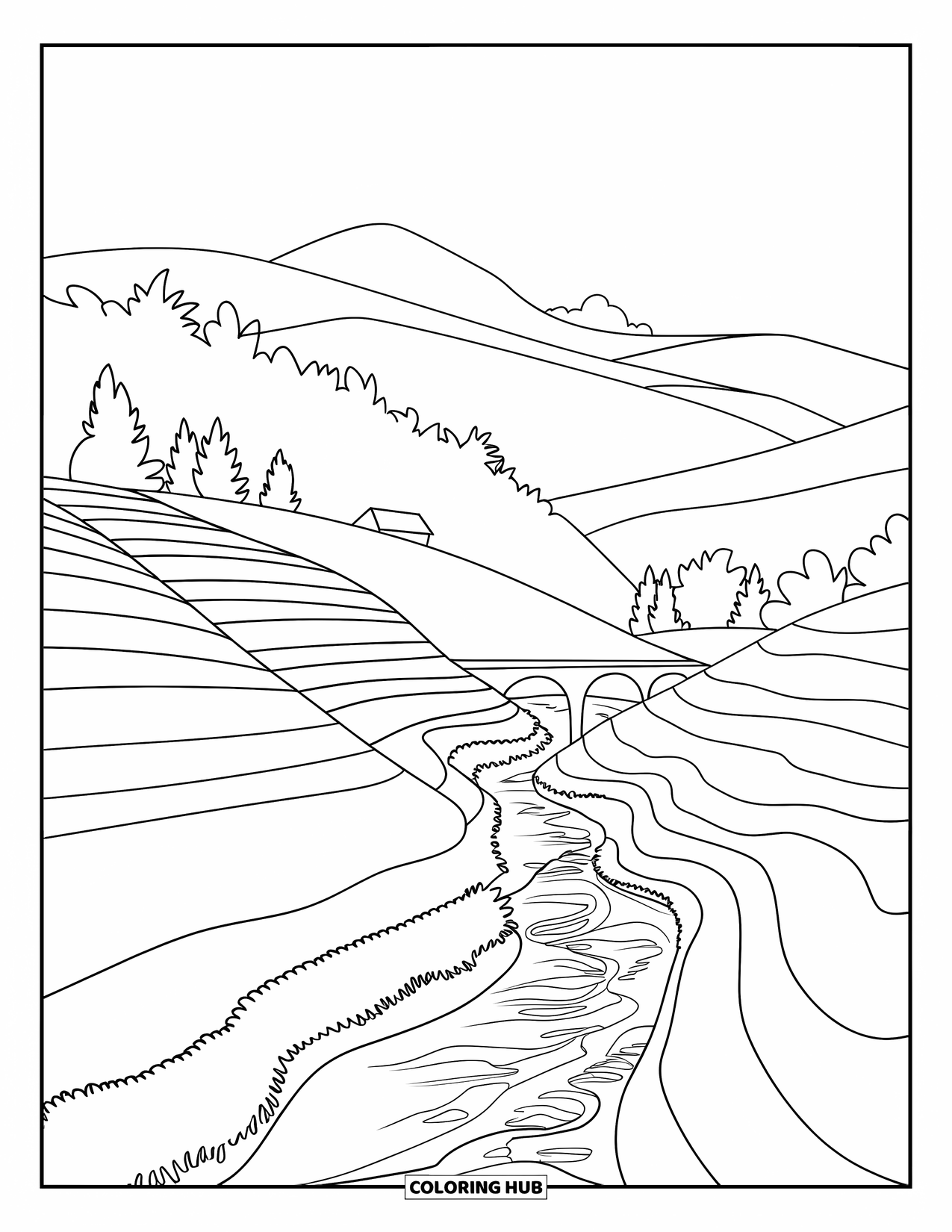 Landscape Coloring Page for Adults: A quiet stream winds through a valley of hills and trees
