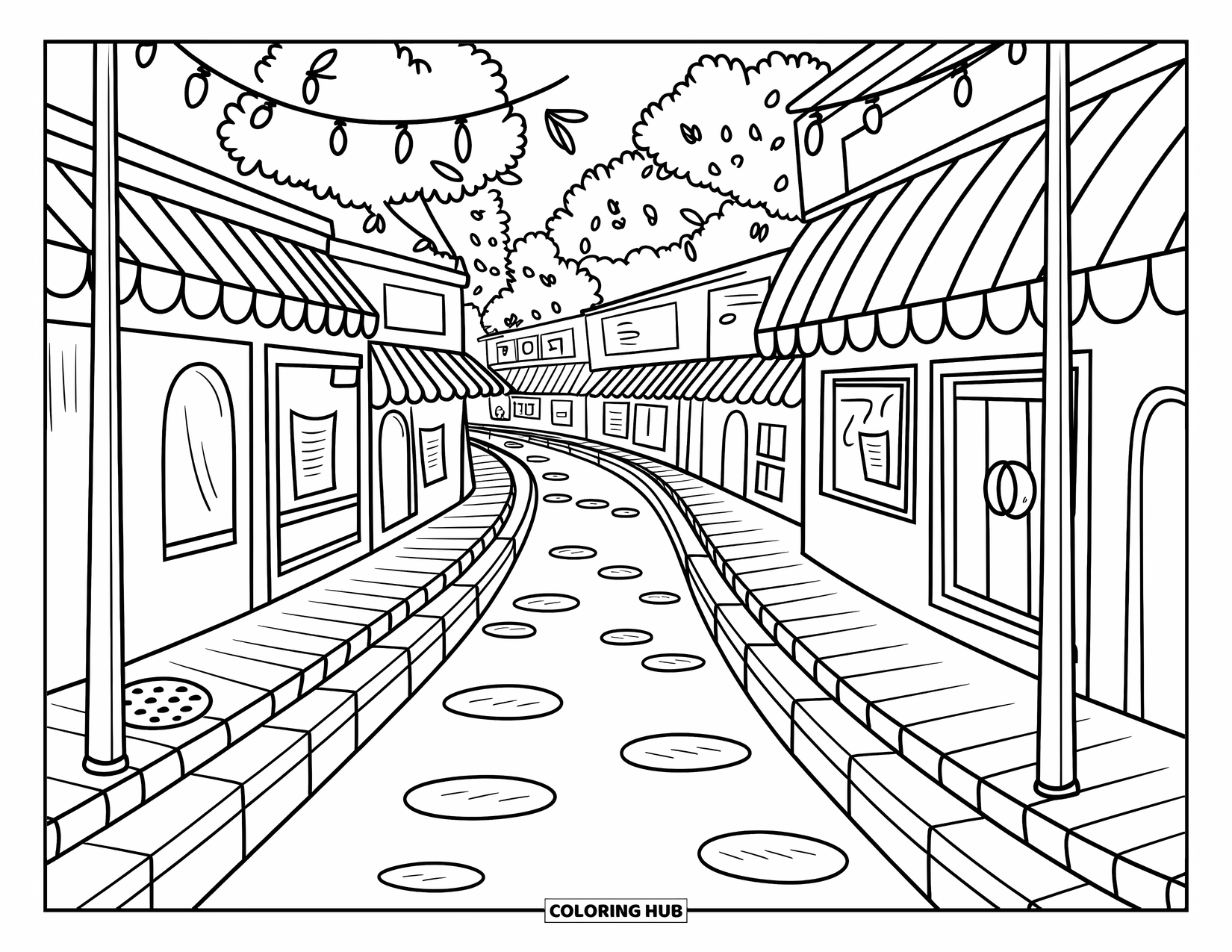 Landscape Coloring Page for Adults: A quiet street curves past tiny shops, puddles, and dripping trees