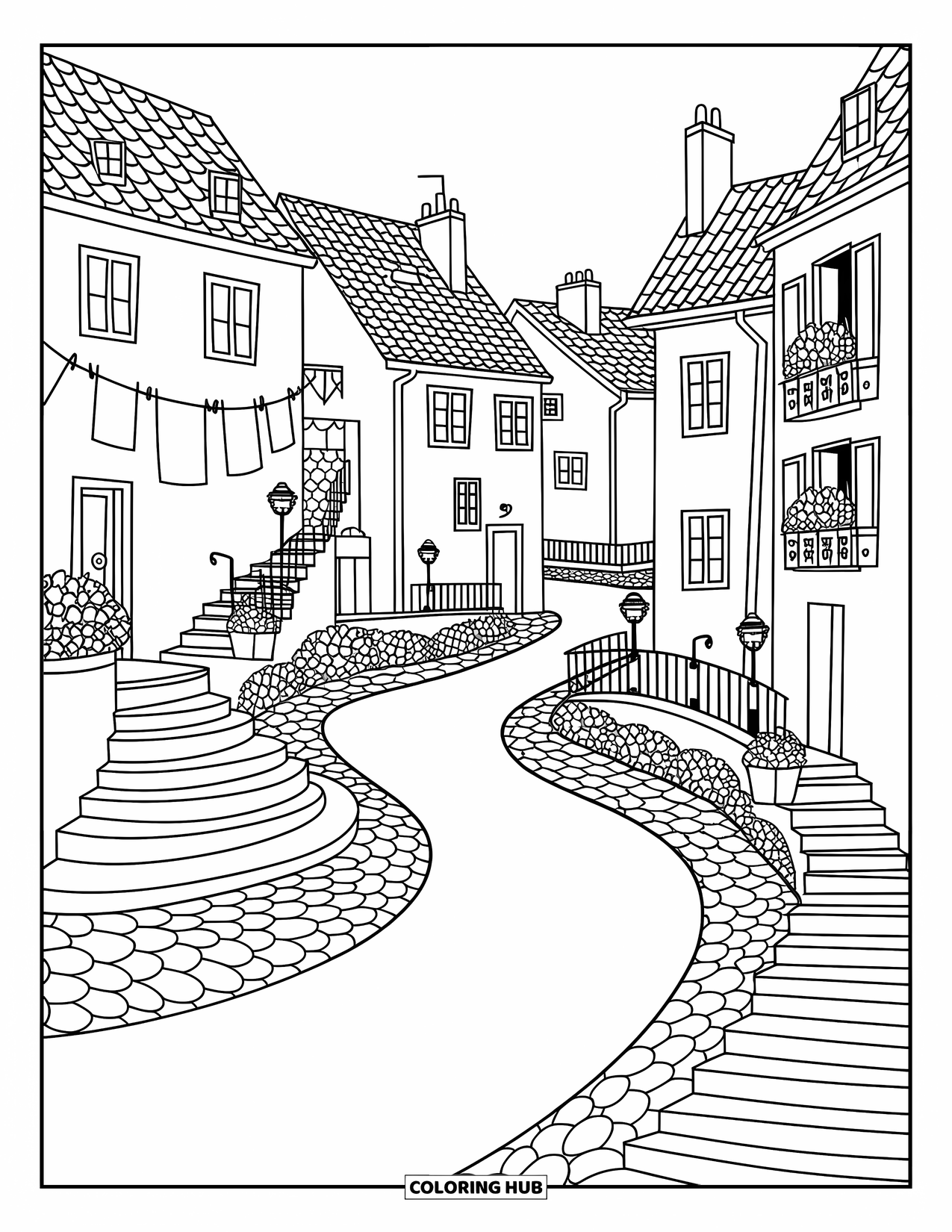Landscape Coloring Page for Adults: A river curves between bridges, balconies, and laundry-lined rooftops
