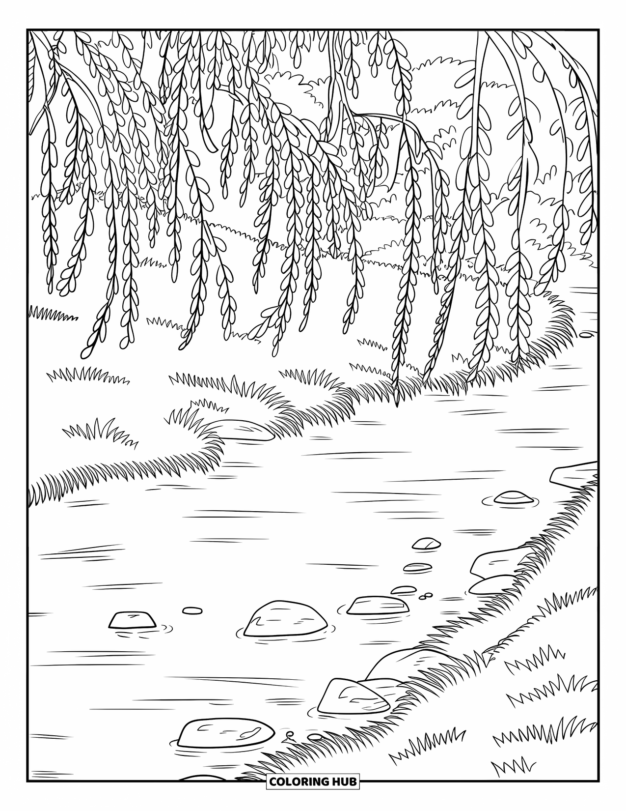 Landscape Coloring Page for Adults: A river flows gently past willows and stones on a calm bank