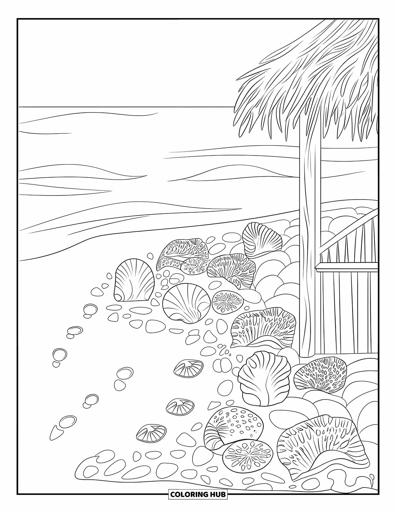 Landscape Coloring Page for Adults: A seashell garden surrounds a beach hut near a quiet shore