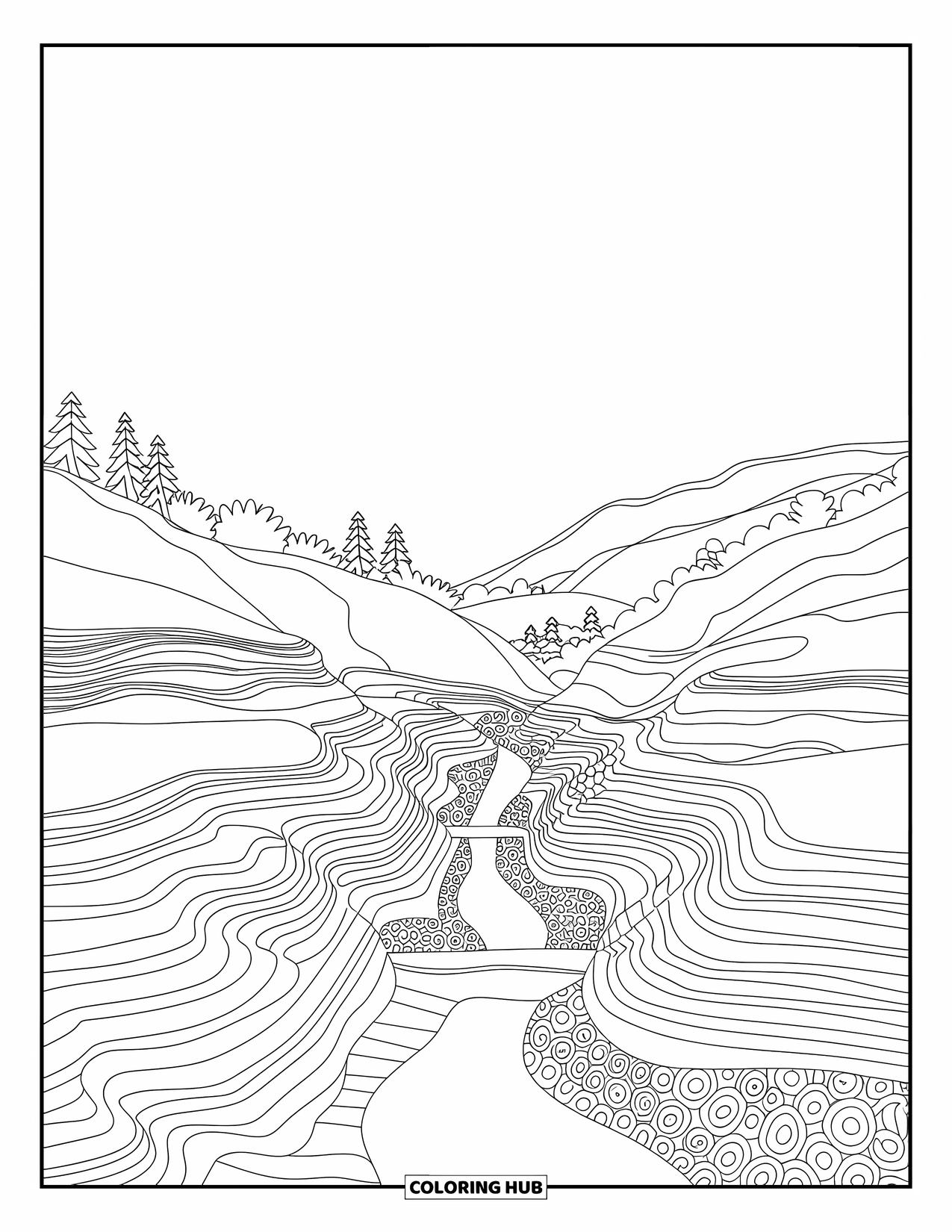 Landscape Coloring Page for Adults: A sunlit valley with layered hills, trees, and a stream crossing under a bridge
