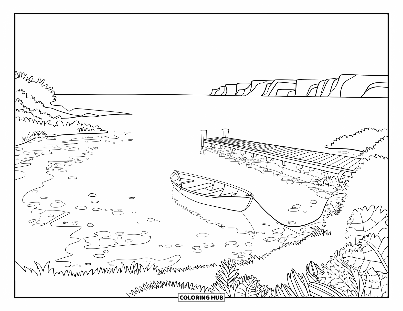 Landscape Coloring Page for Adults: A tiny dock with a rowboat floats in a peaceful bay near cliffs