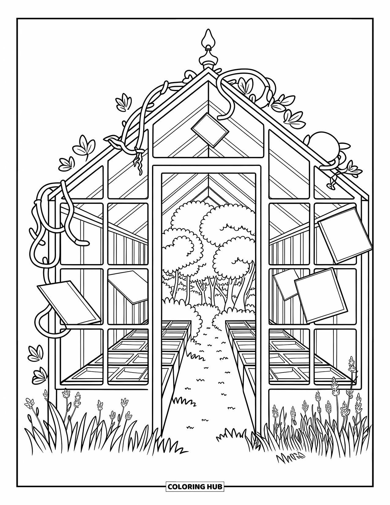 Landscape Coloring Page for Adults: A vine-covered glasshouse stands among trees and scattered garden tools