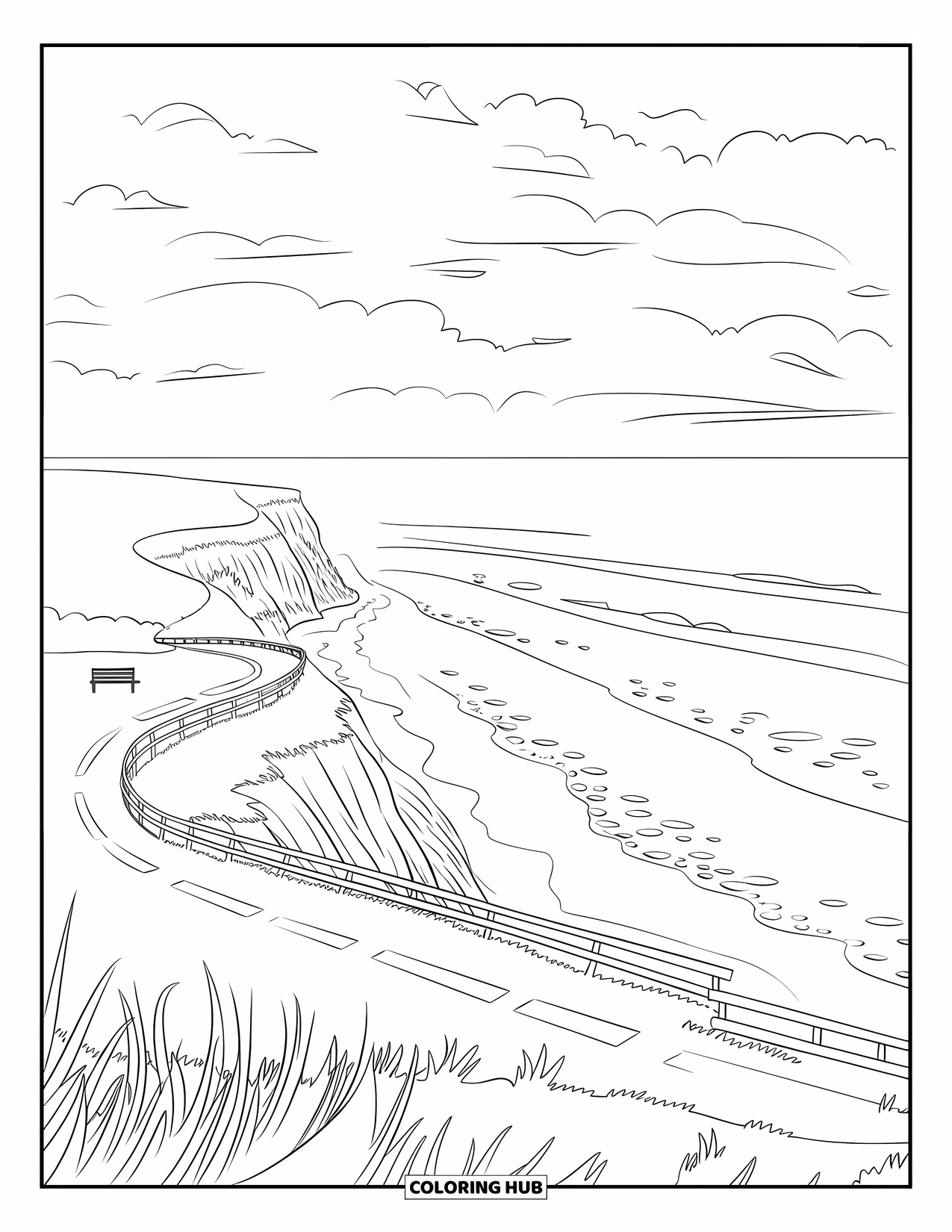 Landscape Coloring Page for Adults: A winding path follows a coastal bluff with cliffs and a quiet bench