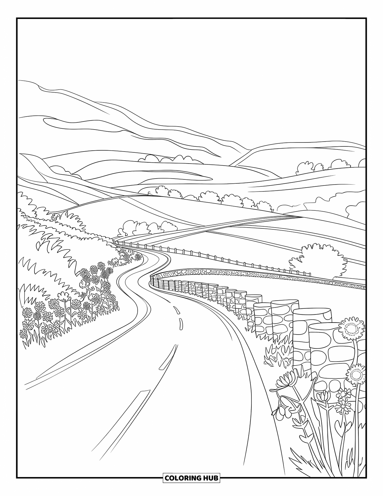 Landscape Coloring Page for Adults: A winding road passes wildflowers and fences toward distant hills