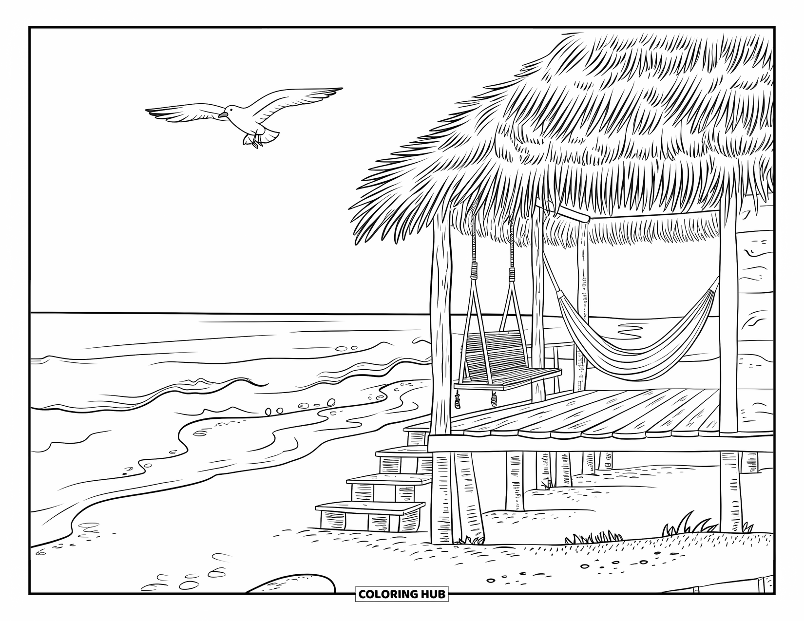 Landscape Coloring Page for Adults: A wooden cabin and hammock overlook gentle waves and flying seagulls