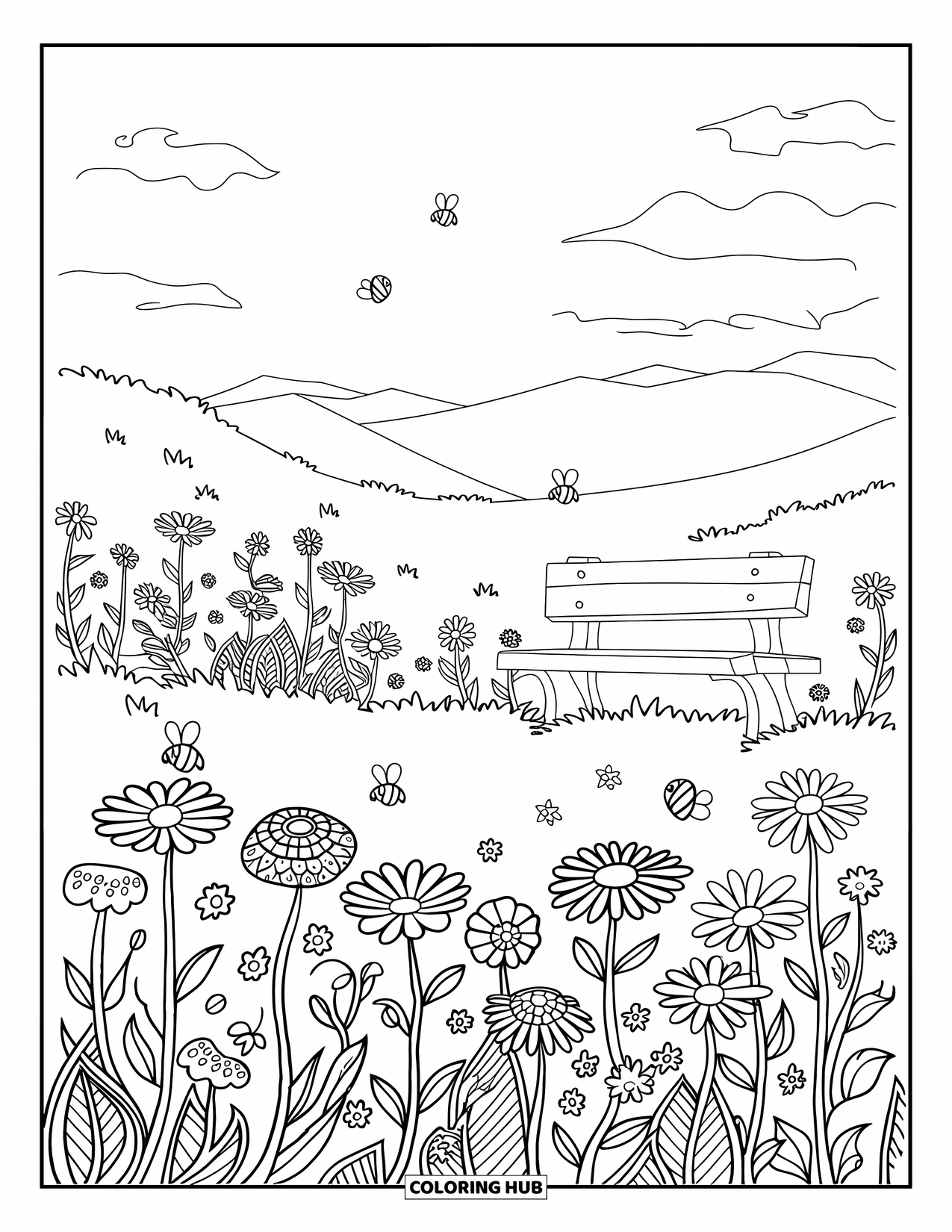Landscape Coloring Page for Adults: Bees buzz over flowers in a wide meadow beneath a rustic bench