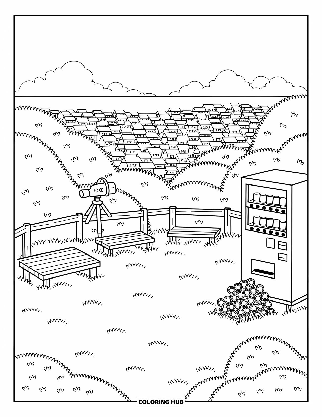 Landscape Coloring Page for Adults: Benches and rooftops surround a cozy hill with a telescope viewer